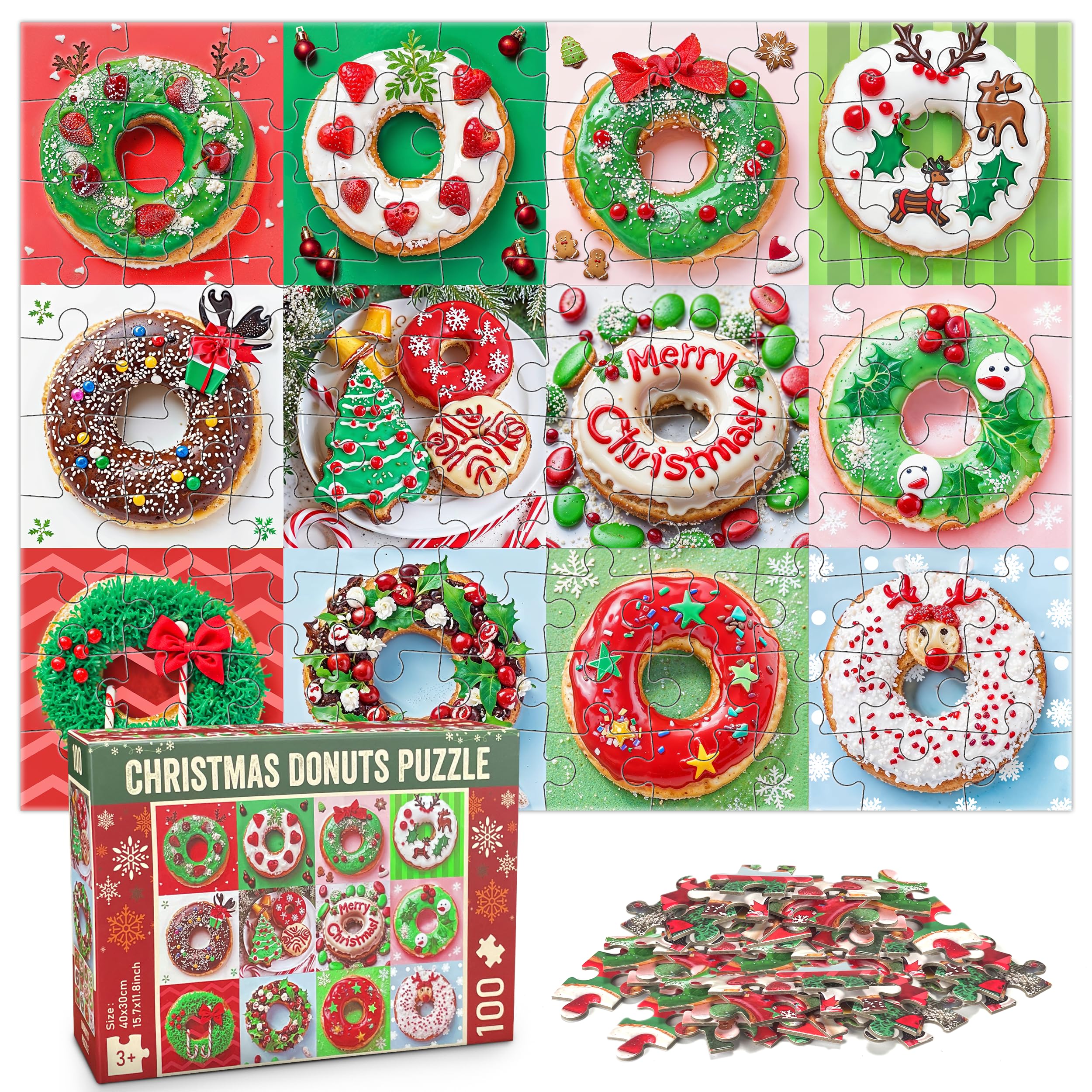 LINAYE 100 Pieces Christmas Puzzle for Kids Ages 4-6 6-8, Donuts Jigsaw Puzzles for Kids Ages 4-8, Donuts Puzzles for 4 5 6 7 8 9 Years Old Girls Boys, Educational Puzzles, Birthday Gifts Toys