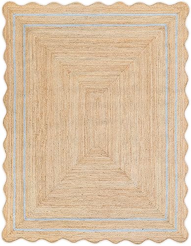 Weaving Village Alfombra ondulada de yute natural festoneada, alfombra de yute bohemio para entrada, alfombra de pasillo de granja, alfombra de