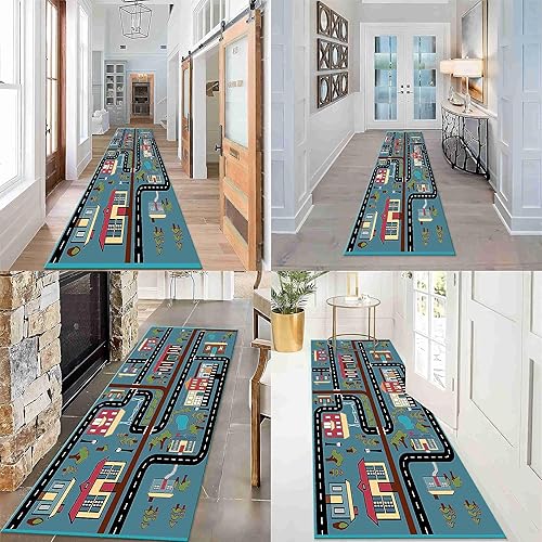 Miniatura 4 de Alfombra de pasillo con vista a la ciudad, 1.3 x 7 pies, mapa de tráfico de la ciudad de dibujos animados, casas, carreteras, pistas de automóvil,