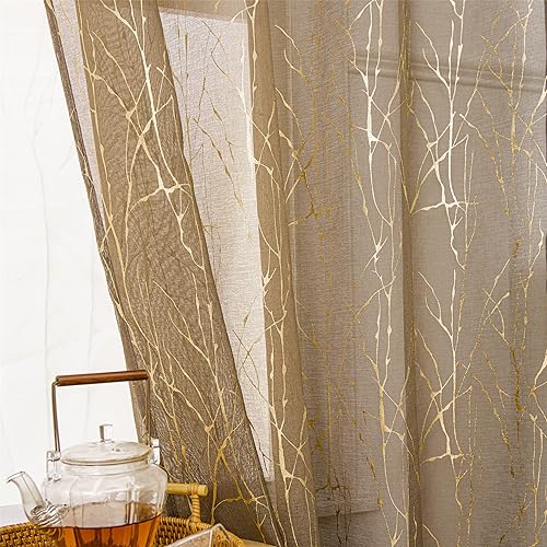 Deeprove Cortinas traslúcidas de 63 pulgadas de largo, 2 paneles, rama de árbol de lámina dorada, estampado metálico para dormitorio, decoración