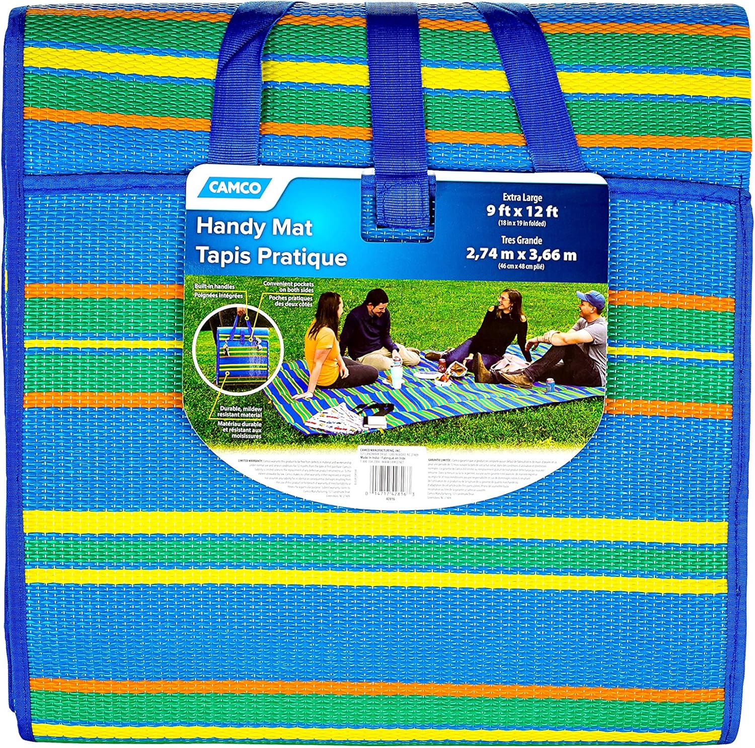 Camco 42816 Handy Mat with Strap 9' x 12', Blue/Green/Yellow Amazon
