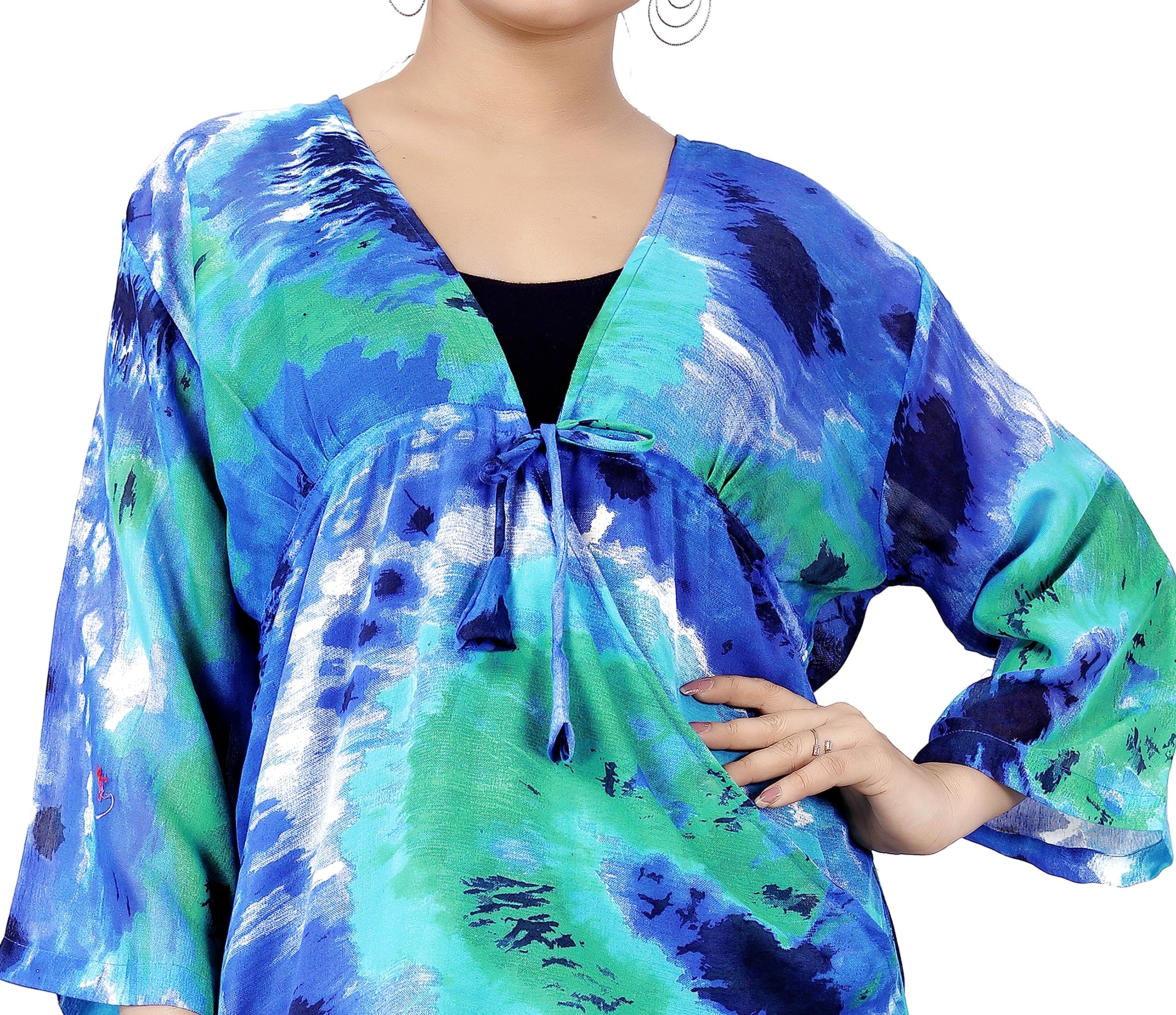 ADISA Women's V-Neck Tie Dye Beach Cover Up, 3/4 Sleeve, Blue and Green Pattern 3