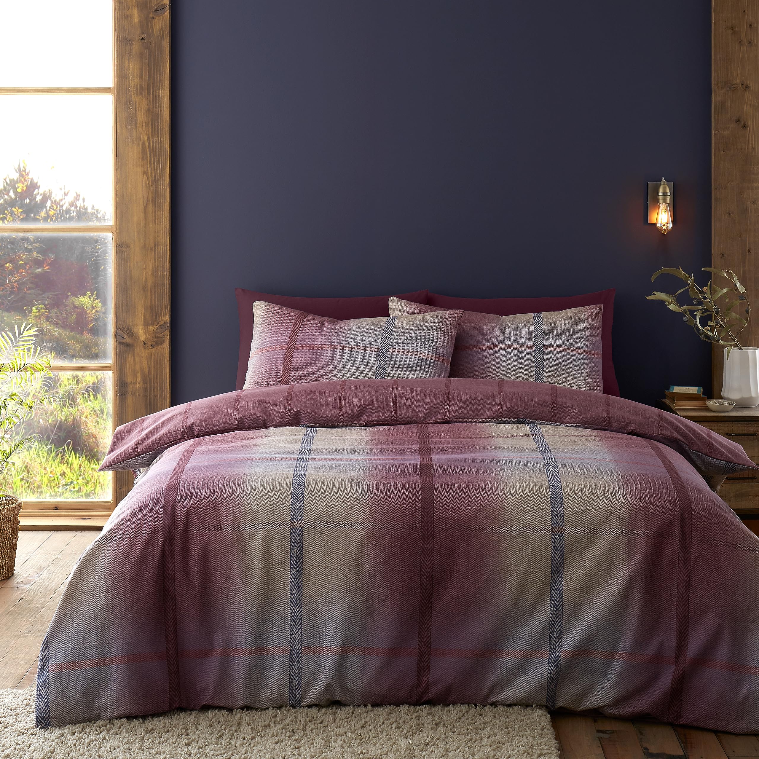 Catherine Lansfield Brushed Cotton Melrose Tweed Check Reversible Double Duvet Cover Set including Pillowcases Plum
