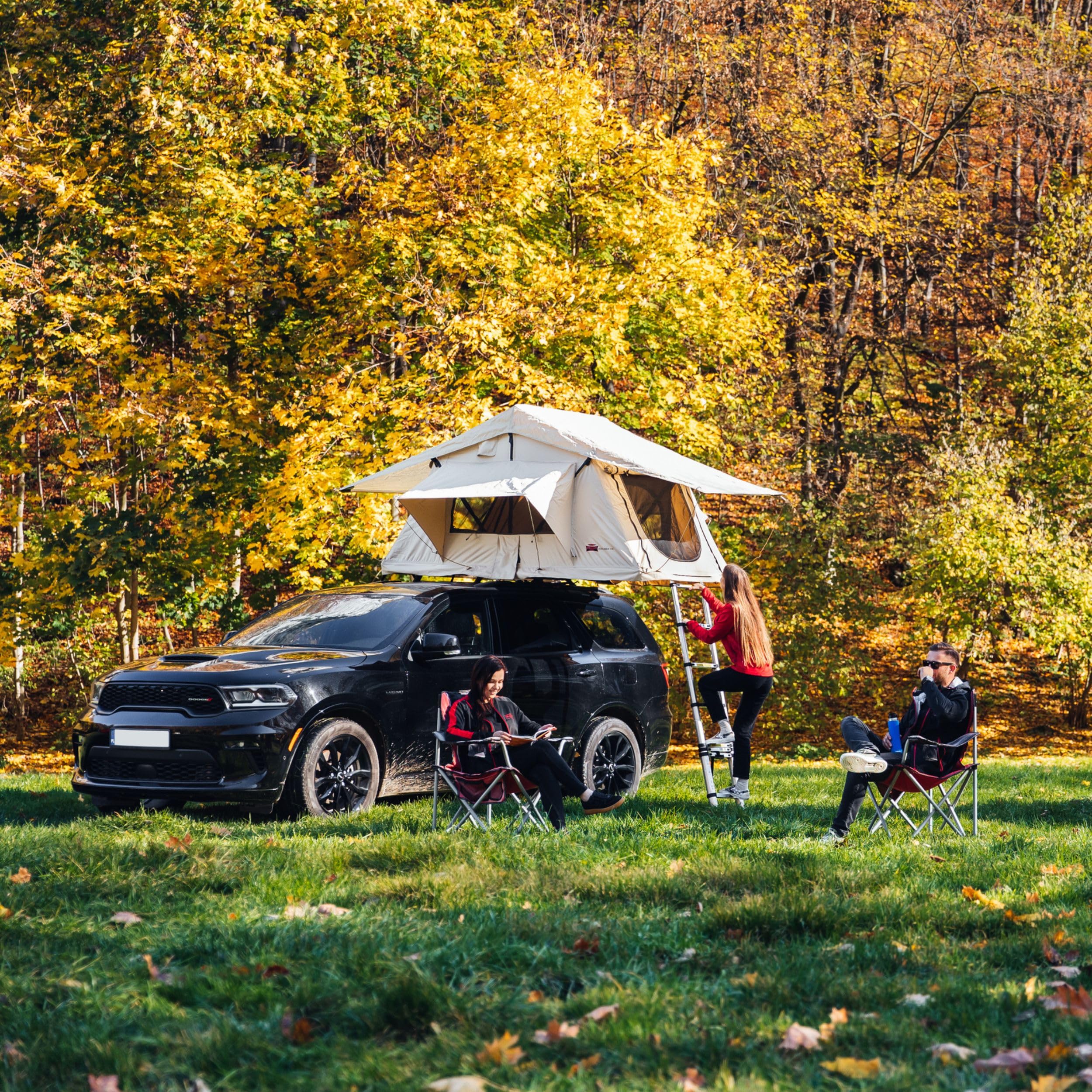 Dragon Winch Zelt Dachzelt Auto für 2 Personen inklusive Matratze, Teleskopleiter, Zubehörtaschen und Moskitonetze. Komfortables und mobiles Camping Zelt | Wasserdicht | Ideal für Auto-Camping