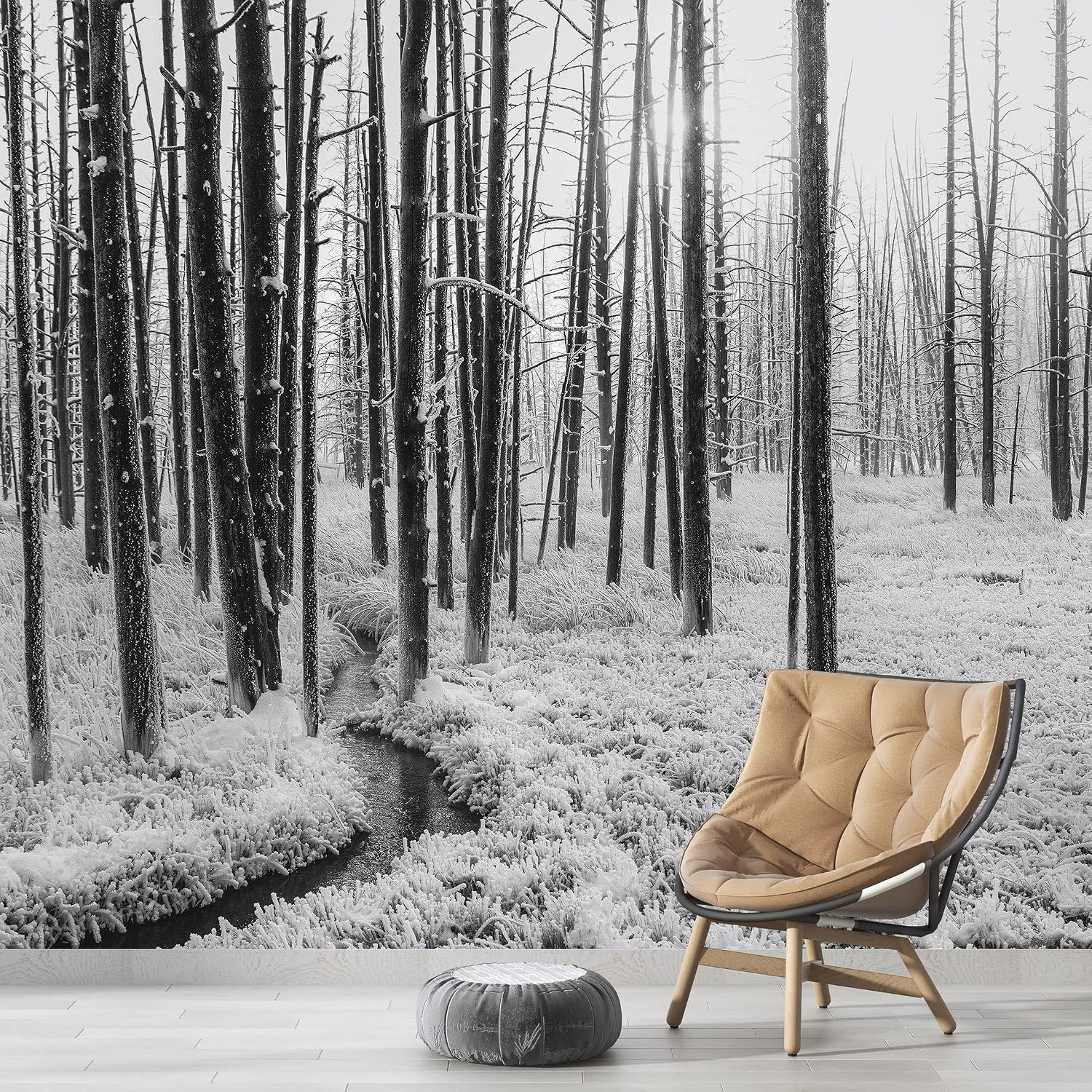 Black and White Forest Landscape Wall Mural. Peel and Stick Wallpaper ...