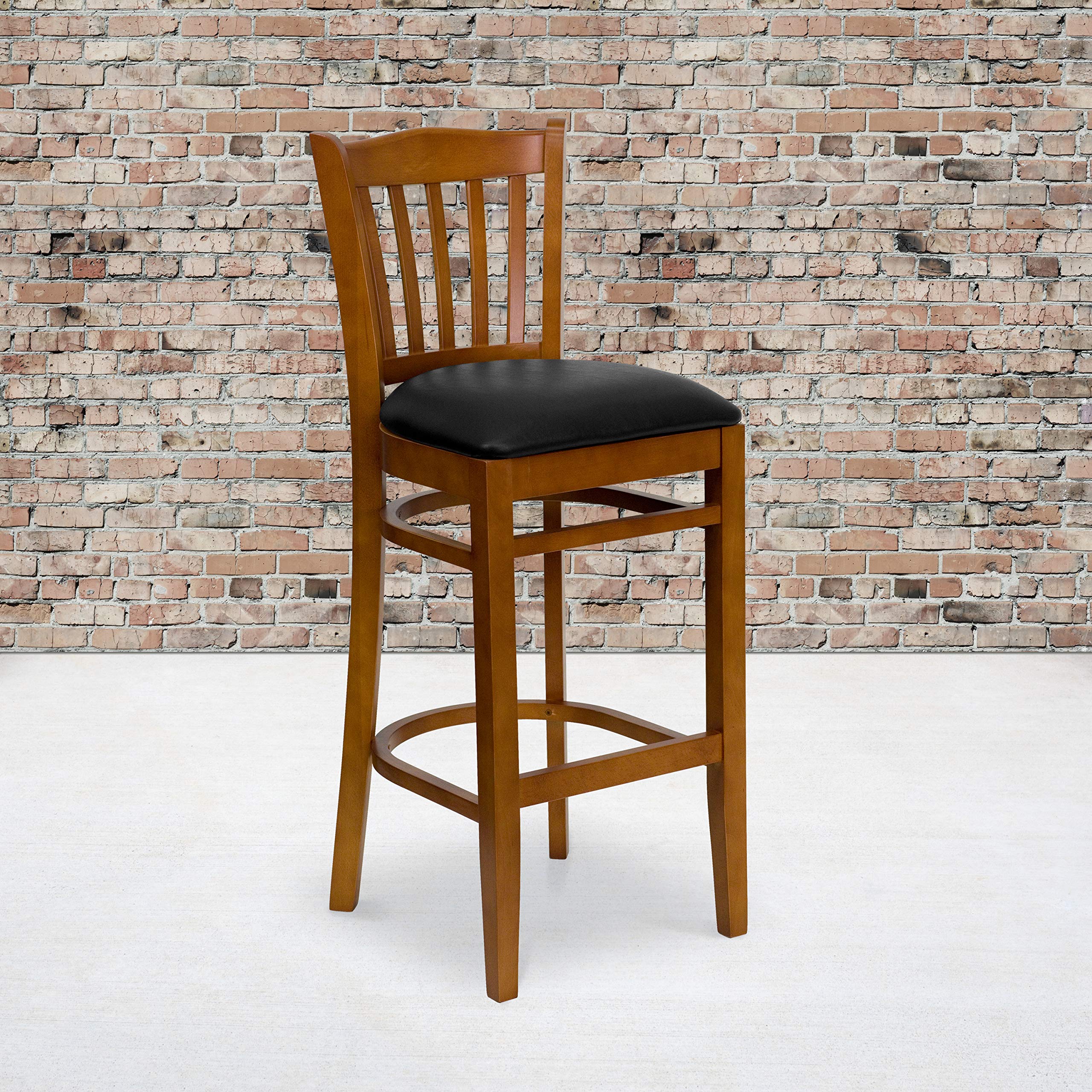 Flash Furniture 2 Pk. HERCULES Series Vertical Slat Back Cherry Wood Restaurant Barstool - Black Vinyl Seat