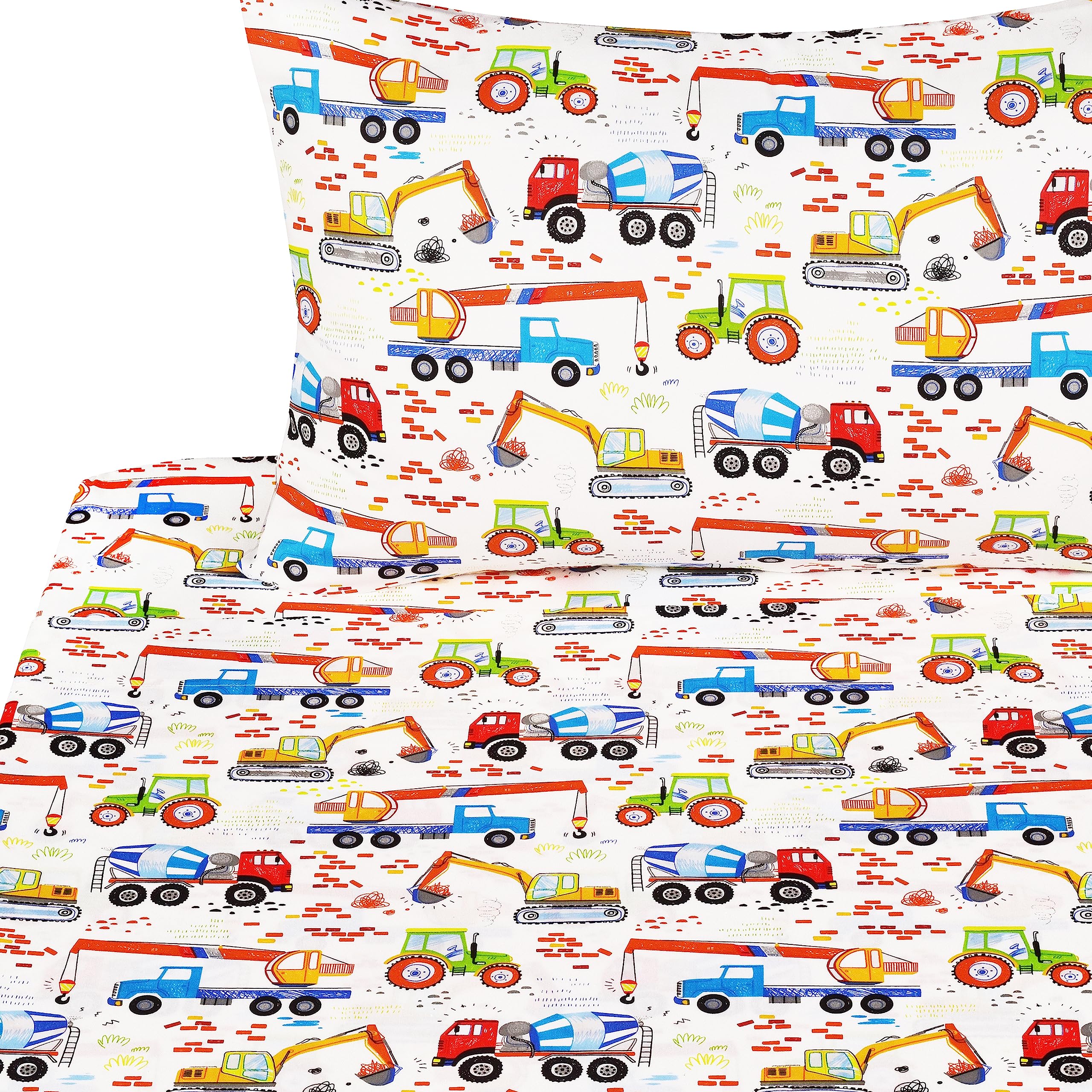 J-pinno Building Machine Excavator Concrete Mixer Tracor Crane Cars Twin Sheet Set for Kids Girls Boys Children,100% Cotton, Flat Sheet + Fitted Sheet