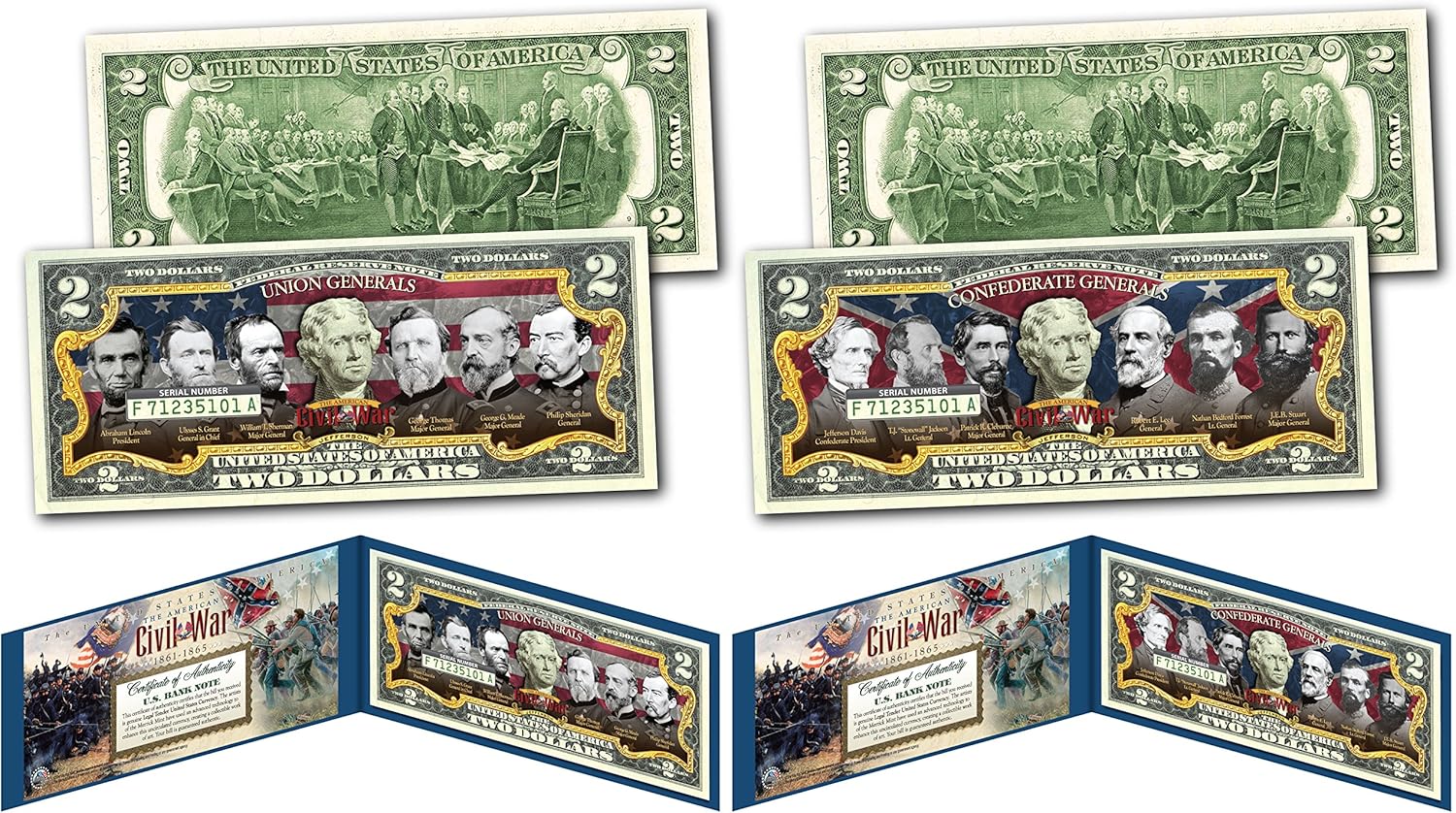 American Civil War Union & Confederate Generals Set of 2 $2 Bills - Mint State, Graded by Merrick Mint (or Self-graded) Thumbnail