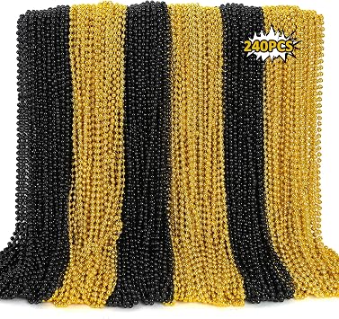 240PCS Black Gold Beads, New Years Eve Black and Gold Party Decorations, 33" Festival Black Gold Beaded Necklace Accessories Bulk, New Years Graduations Mardi Gras Parade Throw Accessories