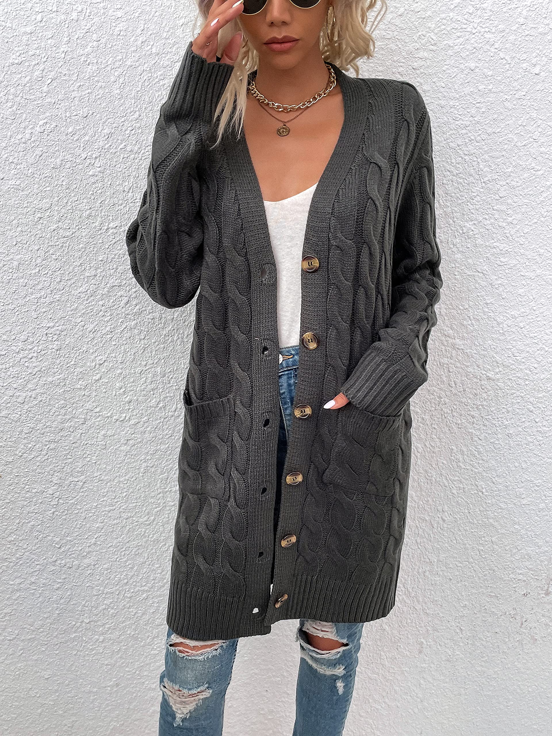 Damen Strickjacke Lang Cardigan mit Taschen Strickmantel Langarm Knopfleiste Knit Cardigan Open Front Herbst Winter Strick Mantel