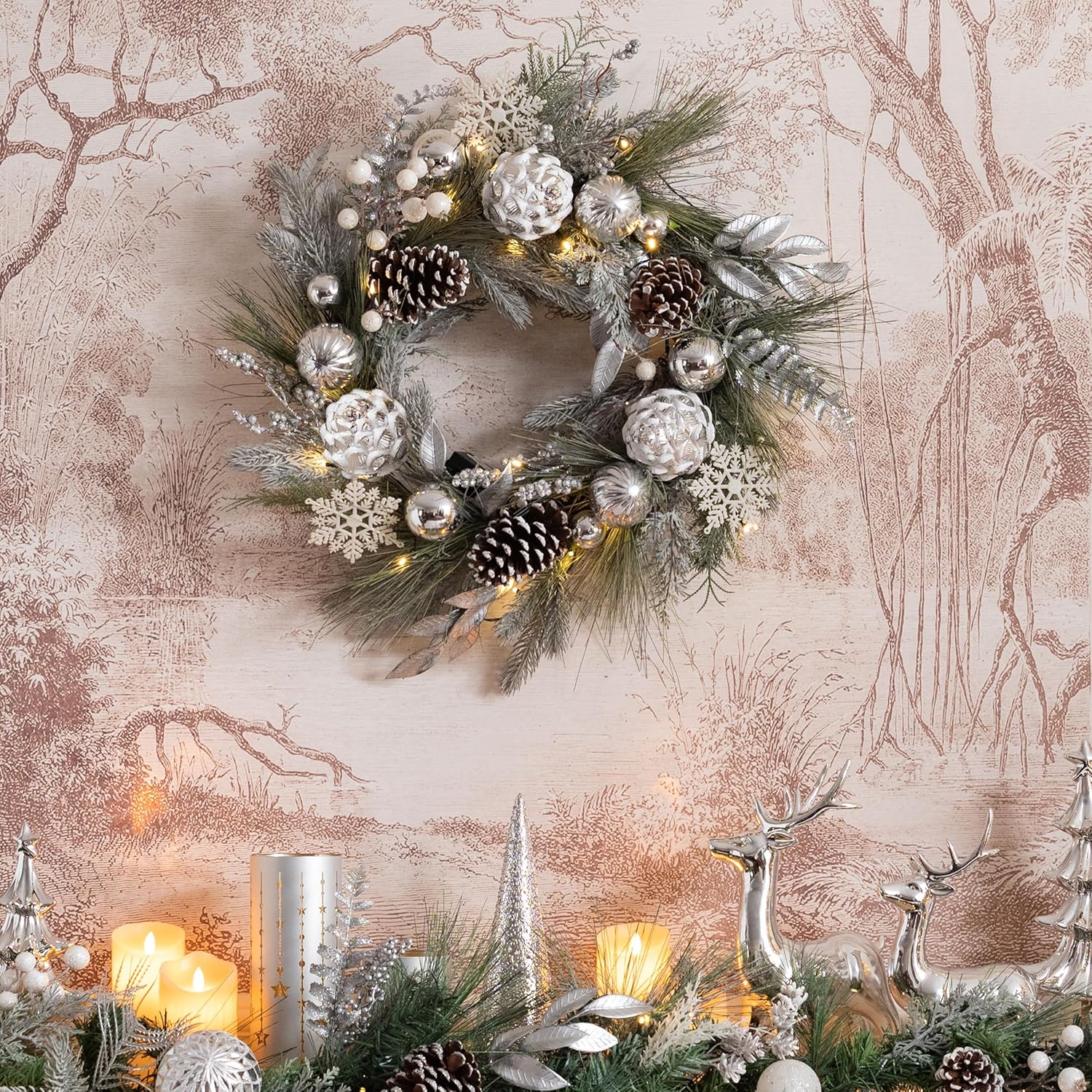 Valery Madelyn Christmas Decoration Bundle | 24 Inch Wreath, 16.5 Inch Gnome Tree Topper, 9 Feet Garland for Christmas Holiday Decor