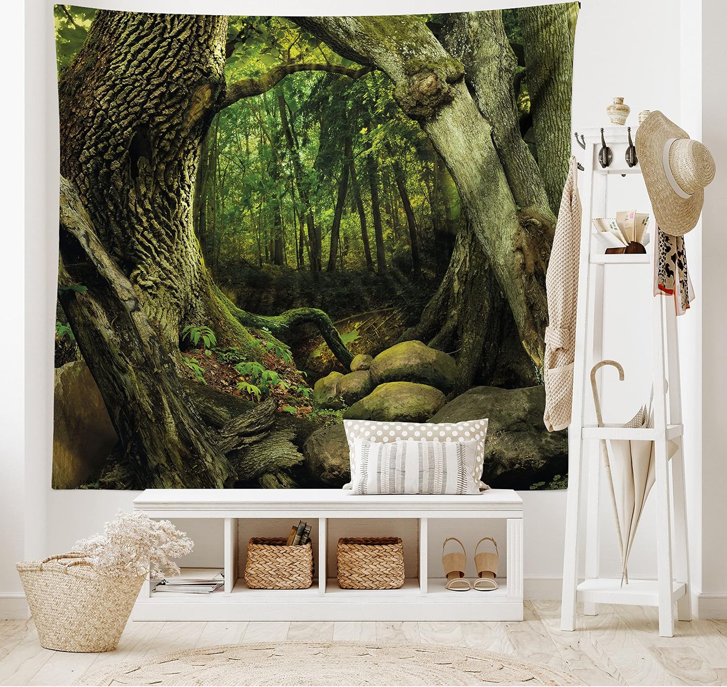 Lunarable Nature Tapestry King Size, Mystic Woodland Fantasy with Moss Trees Rocks Growth Landscape, Wall Hanging Bedspread Bed Cover Wall Decor, King Size, Forest Green