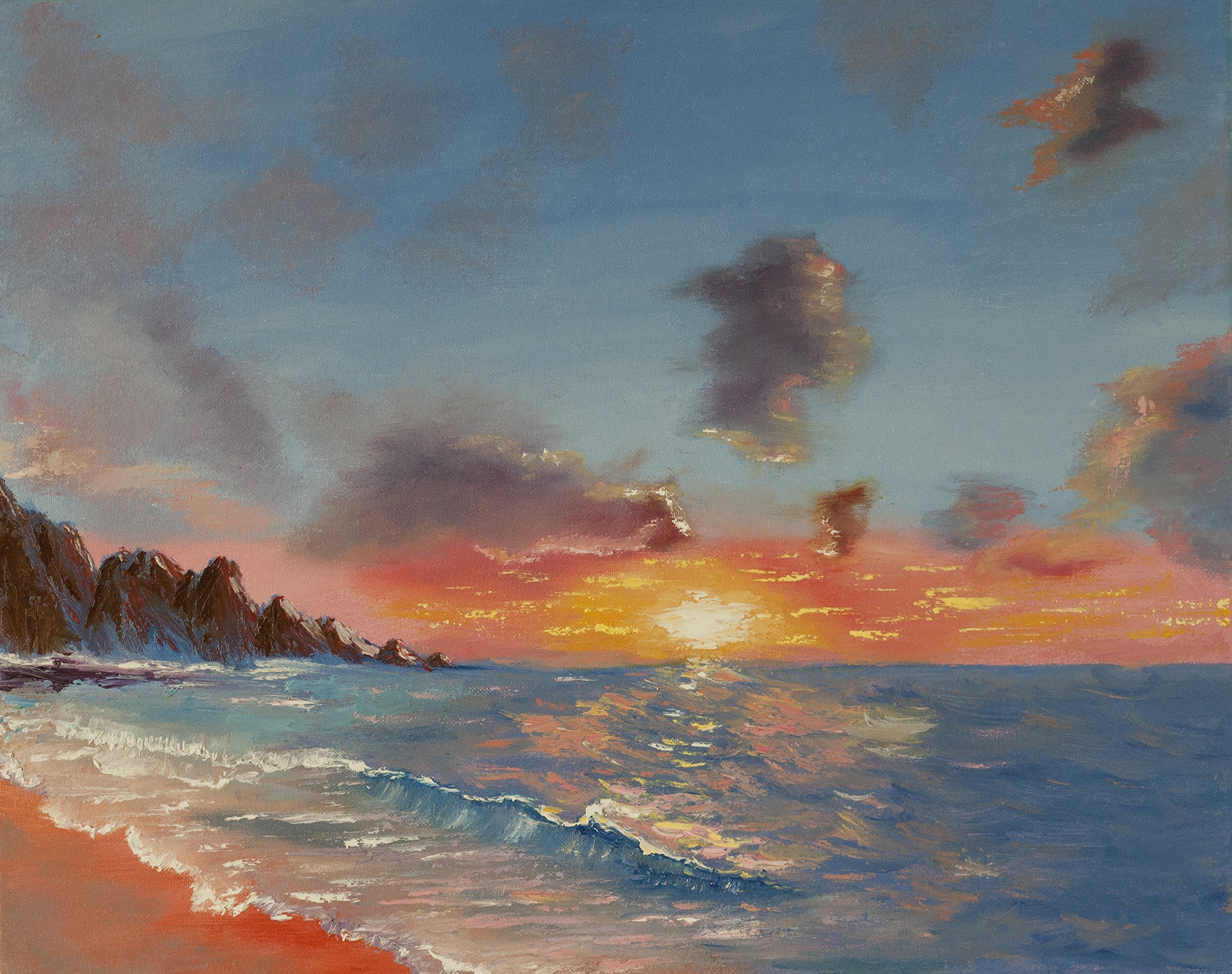 16 * 20 original oil seascape painting.Ocean oil painting, sunset, sunrise, sea, hand painted, sun reflecting in water. Stretched back stapled canvas. Signed by artist