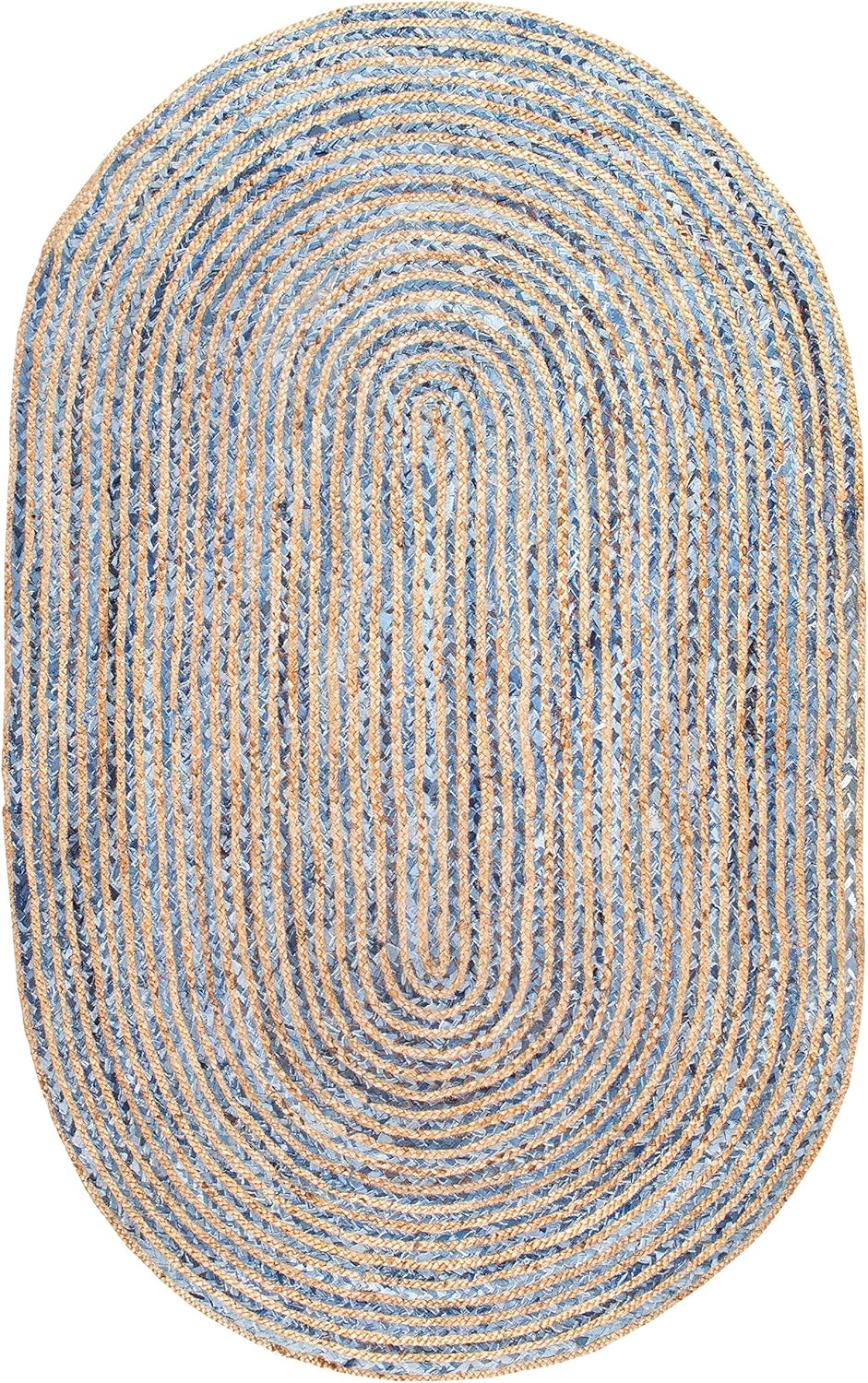 Handmade Braided Blue Cotton,Denim with Natural Jute Oval Shape Area Rugs, Floor Décor Carpet, 3 x 5 Feet Oval (90 cm x 150 cm)
