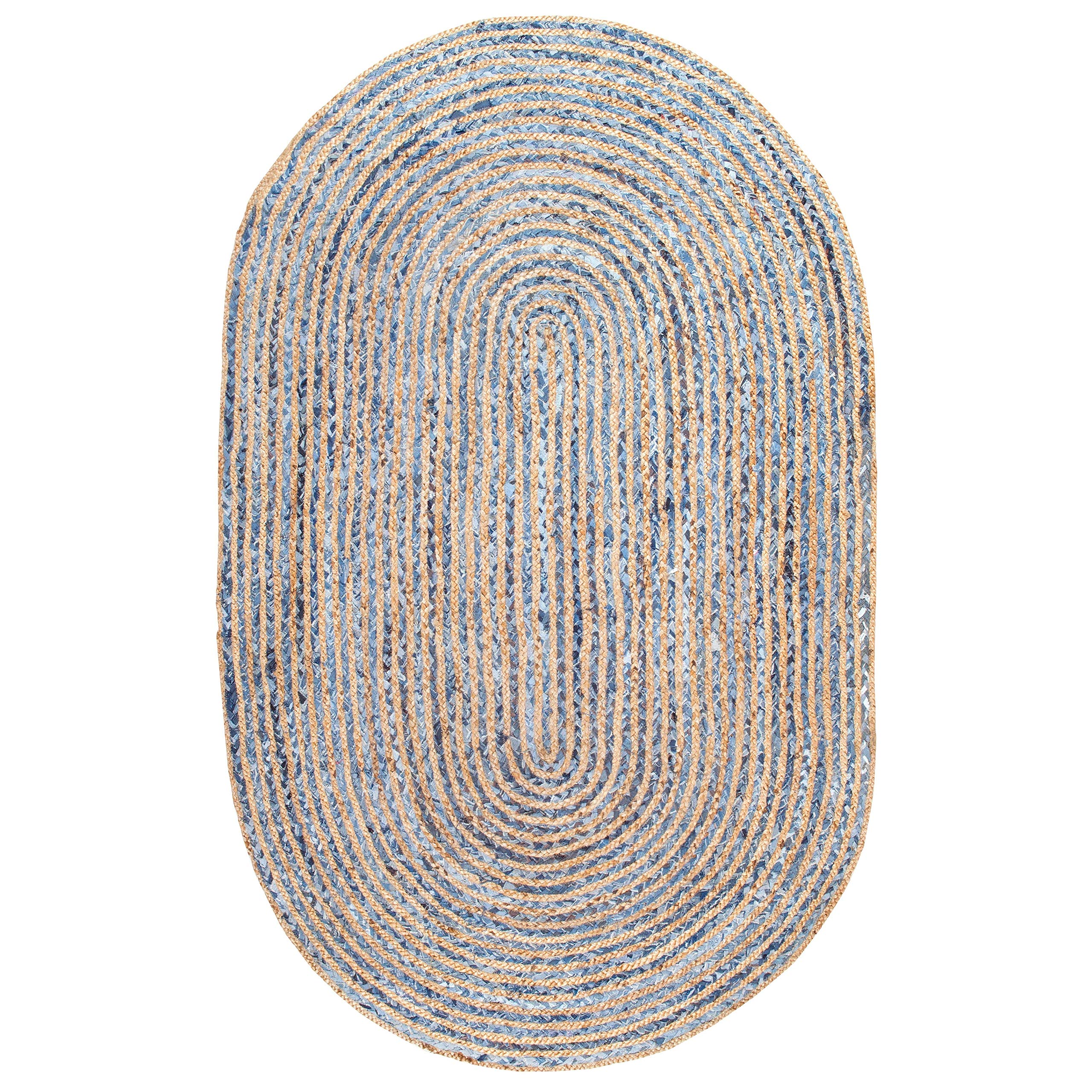 Tapis indien tressé à la main en jute naturelle avec denim et coton - Pour salle à manger, salon - Ovale (60 cm x 90 cm)