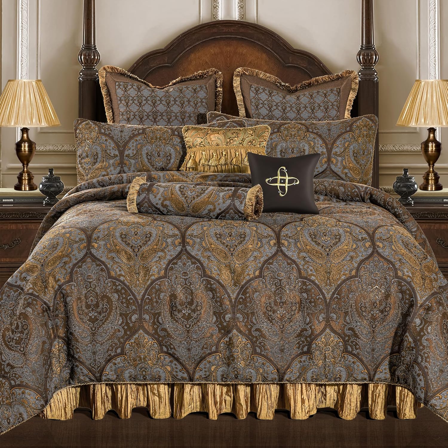 Loom and Mill 9-Piece Jacquard Comforter Set, Luxury Classic Antique Comforter Queen Sets, Ultra Soft Damask Bedding with Euro Shams, Bedskirt, Filled Decorative Pillow for Home (Bronze Gold, Queen)