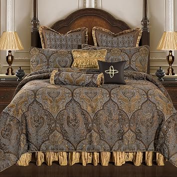 Loom and Mill 9-Piece Jacquard Comforter Set, Luxury Classic Antique Comforter Queen Sets, Ultra Soft Damask Bedding with Euro Shams, Bedskirt, Filled Decorative Pillow for Home Bronze Gold, Queen