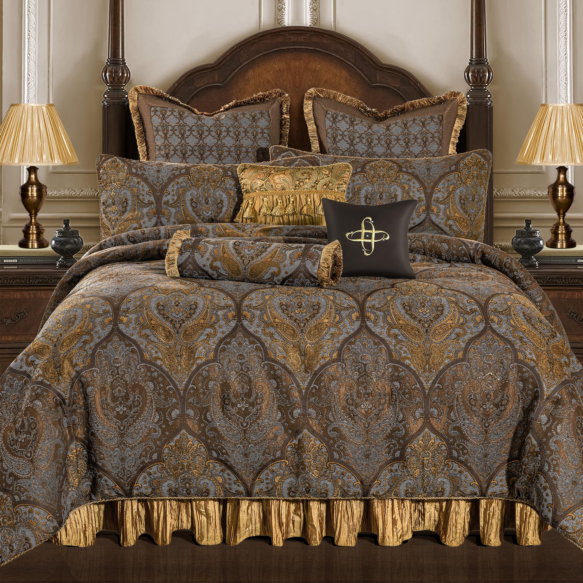 Loom and Mill Ultra Soft Damask Bedding with Euro Shams, Bedskirt, Filled Decorative Pillows Cambridge, Synthetic Fiber, Bronze Gold, King
