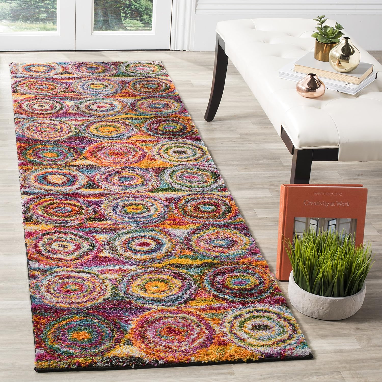 SAFAVIEH Fiesta Shag Collection Runner Rug - 2'3" x 8', Multi, Modern Circles Abstract Design, Non-Shedding & Easy Care, 0.5-inch Thick Ideal for High Traffic Areas in Living Room, Bedroom (FSG359M)