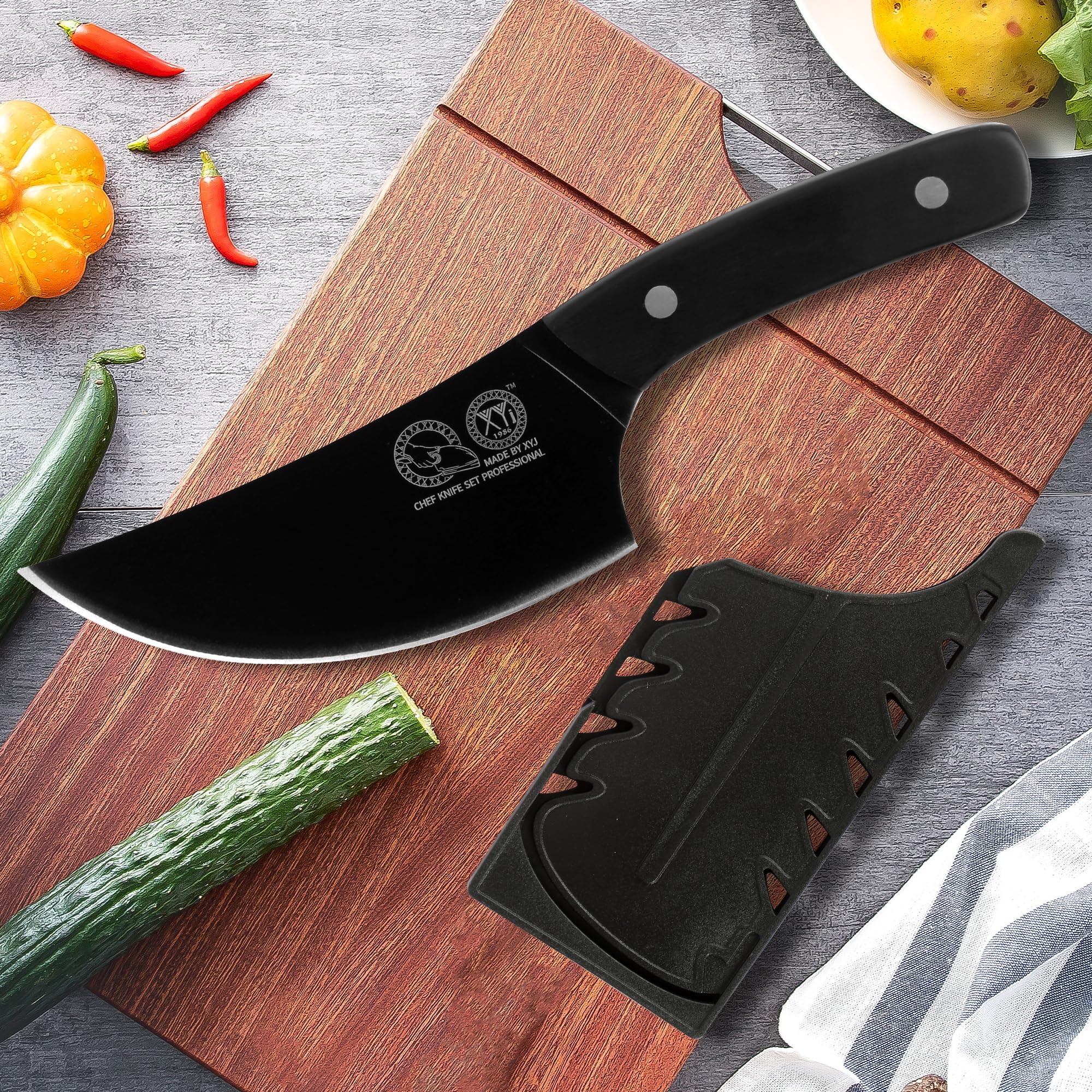 XYJ 5.5 Inch Boning With Sheath,Stainless Steel,Black Fish Fillet Kitchen Knife,Full Tang,Meat Cleaver for Meat Cutting,Carving Knife for Kitchen Outdoor Camping BBQ
