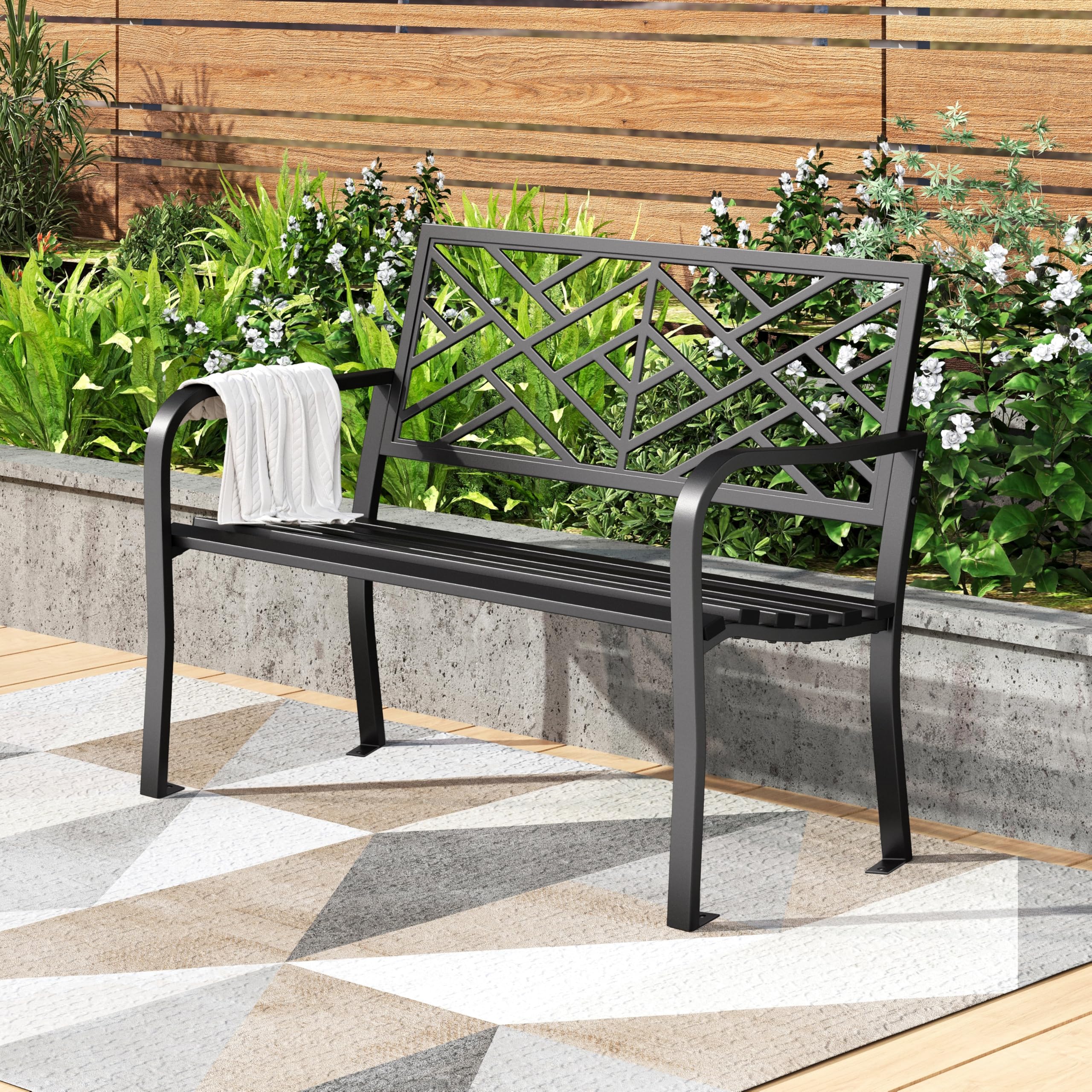PHI VILLA Garden Bench Metal Steel Frame 2-3 Seater Outdoor Bench with Geometric Cast Iron Backrest for Park, Front and Patio Black