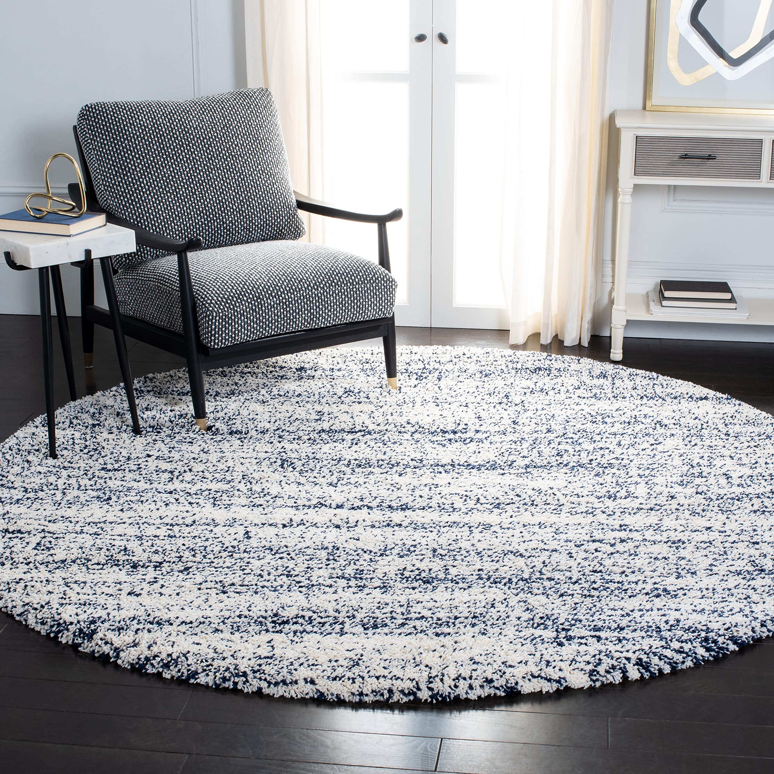 safavieh hudson shag collection area rug - 4' round, ivory & navy, modern abstract design, non-shedding & easy care, 2-inch thick ideal for high traffic areas in living room, bedroom (sgh295a)