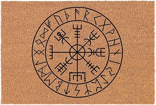 Felpudo de bienvenida de fibra de coco para puerta, diseño de vegvisir, vikingo, brújula de navegación (30 x 18 pulgadas)