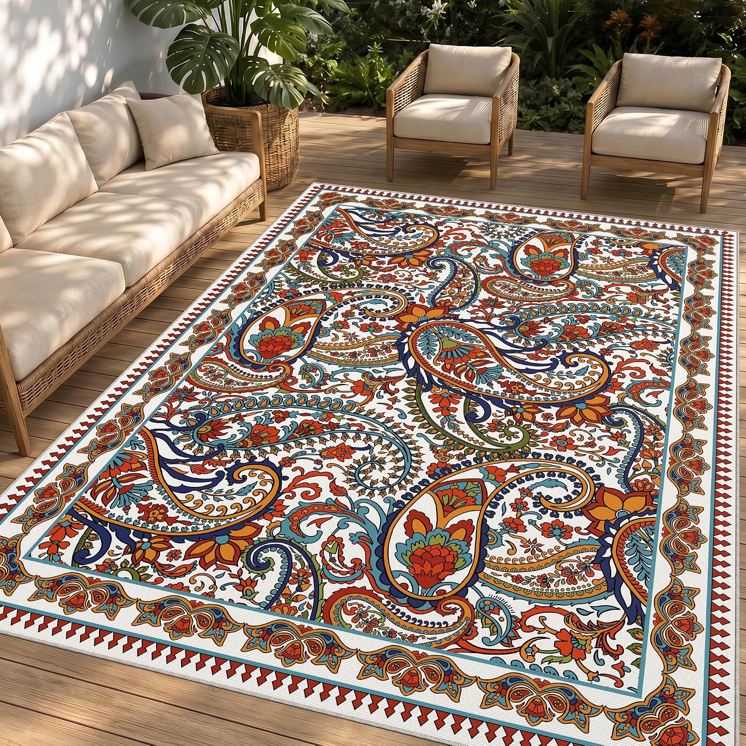 Arenarug Paisley Outdoor Rug Waterproof 5x8, UV Resistant Non Slip Patio Rug, Indoor Outdoor Boho Camping Rug Linen-Look RV Carpet for Deck Balcony Backyard, Terracotta
