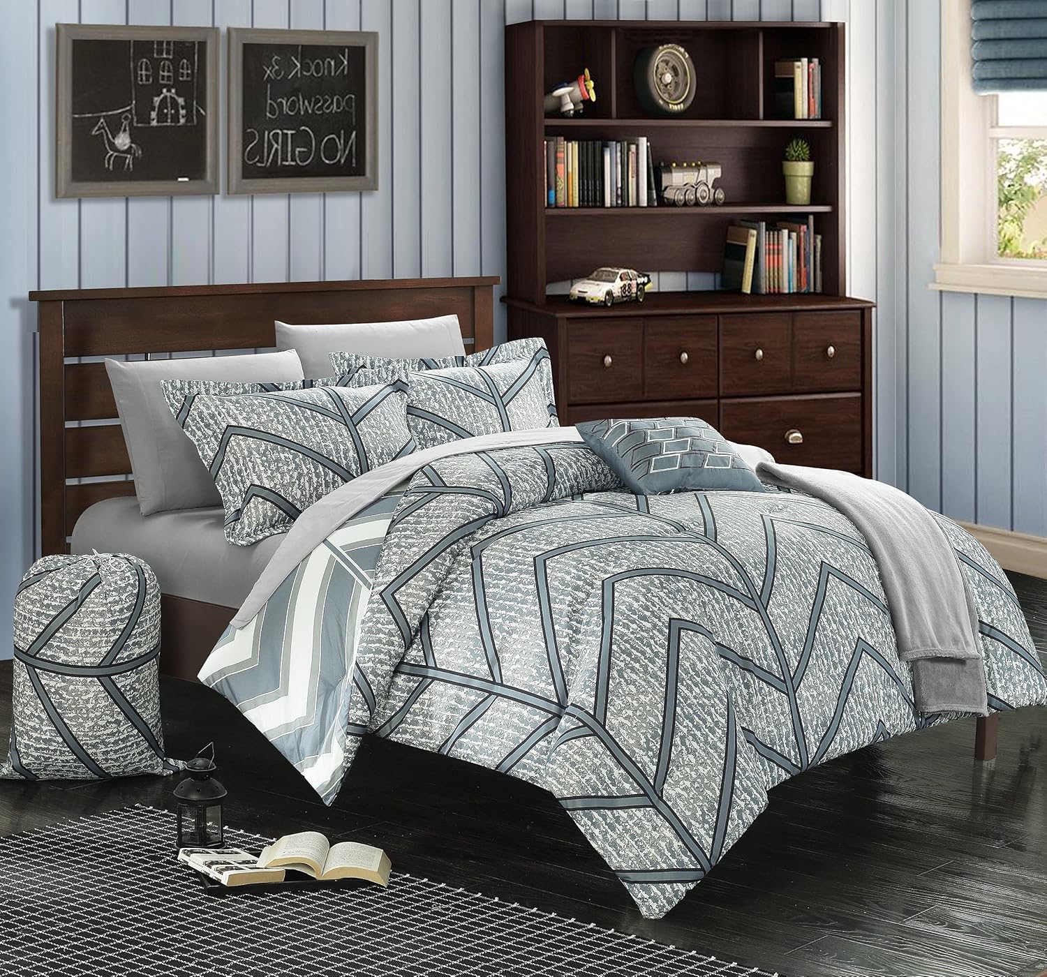 Chic Home 8 Piece Laredo Chevron and Geometric Printed Reversible Comforter with Sheet Set, Twin X-Long, Grey