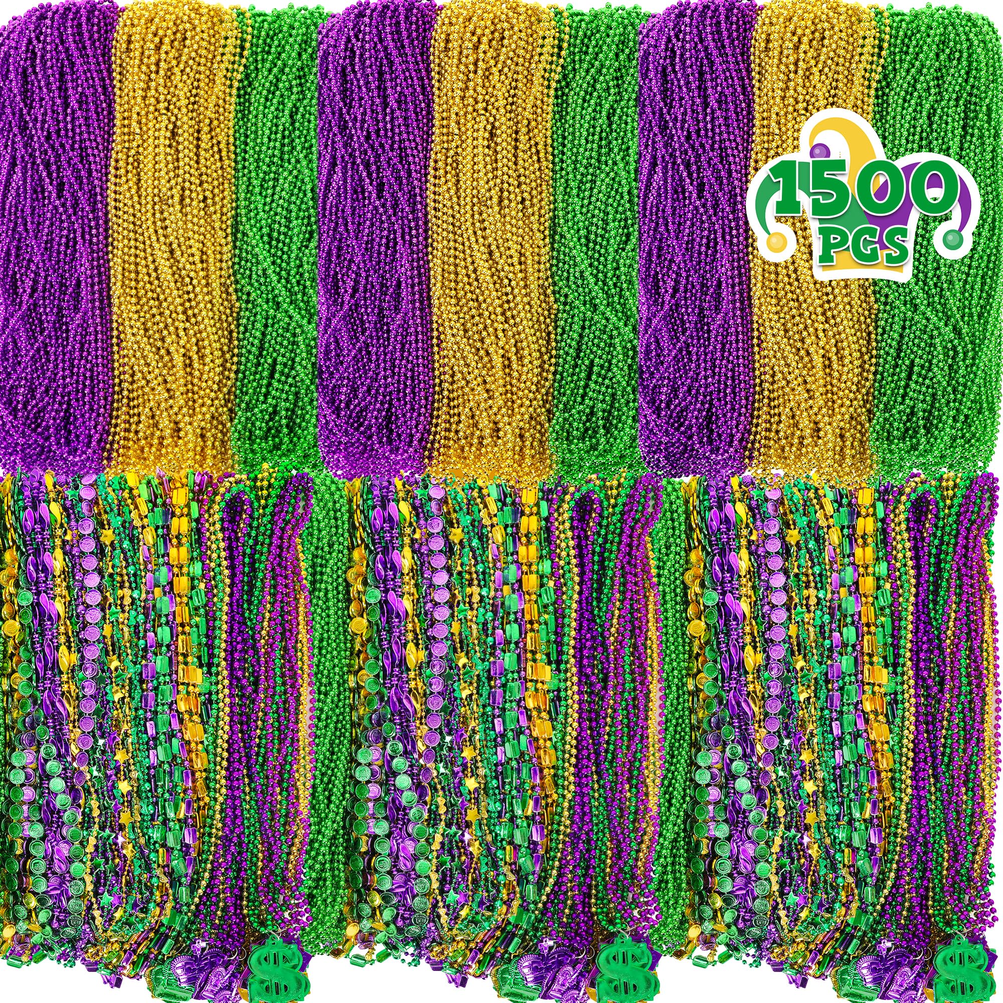 1500PCS Mardi Gras Beads Necklaces, 9 Styles Purple Gold Green Mardi Gras Beads Bulk, Round Coin Crown Mask Dollar Mardi Gras Accessories for Mardi Gras Decorations Parade Throws Party Supplies