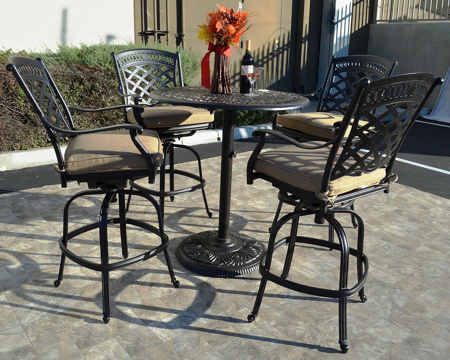 St. Augustine Cast Aluminum Powder Coated 5 Piece Bar Set Sunbrela with 36" Pedestal Bar Table - Antique Bronze