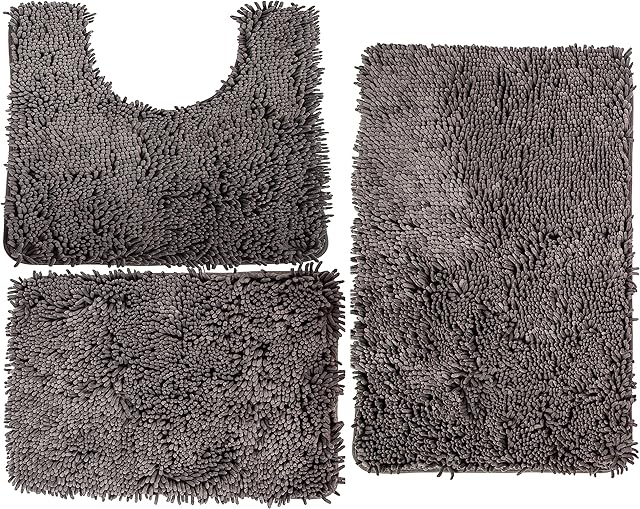 Chenille Shag Bathroom Rugs 3 Piece Set - 1" Ultra Soft and Absorbent Microfiber Rug With Non-Slip Back - 81x51cm Bath Mat - 61x41cm Shower Mat - 51x61cm Toilet Mat - Charcoal Gray