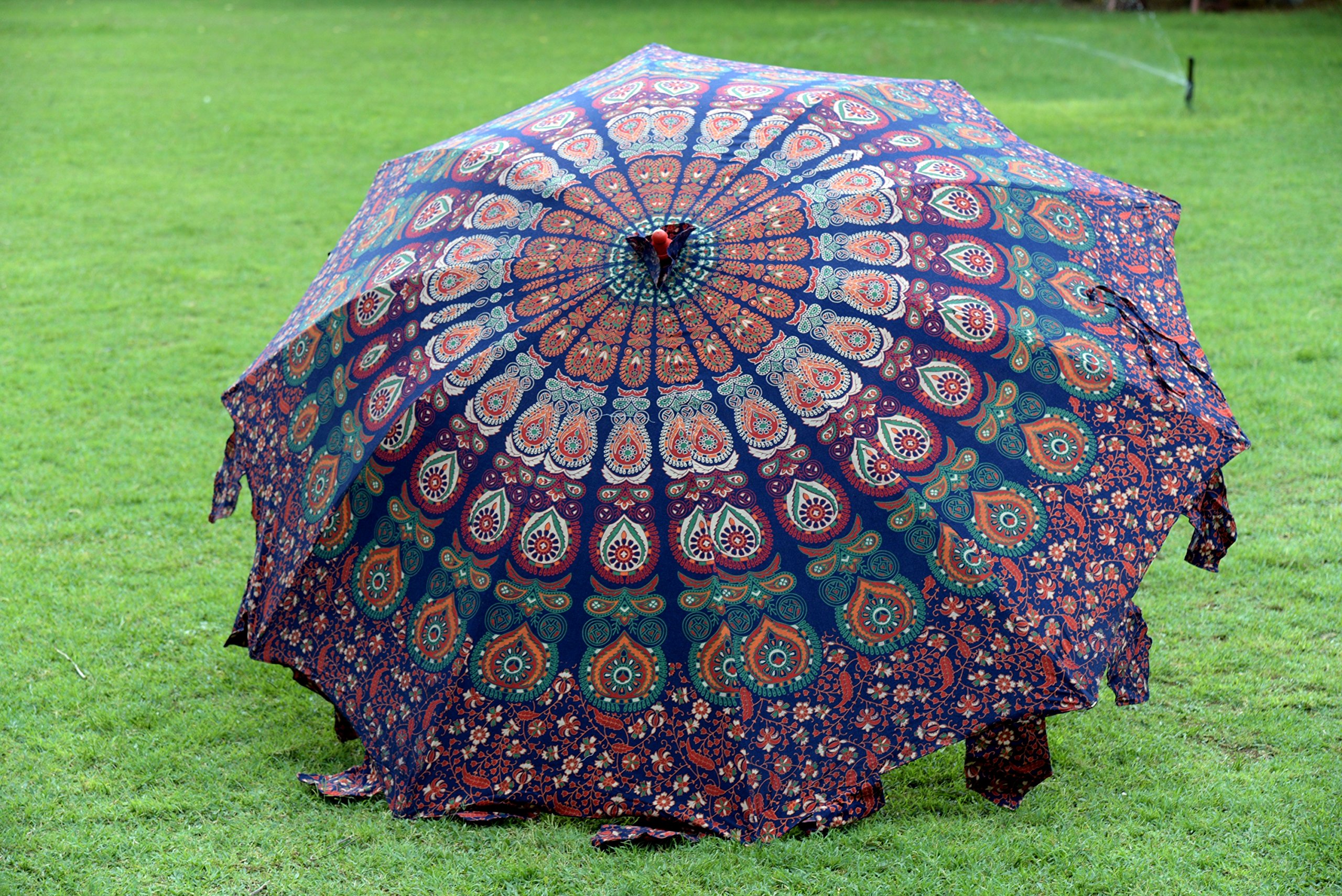 Handicraft-Palace Blue Peacock Feather Mandala Printed Beach Garden Hotel Umbrella Cotton Large Outdoor Resort Lawn Umbrella Round Patio Parasol