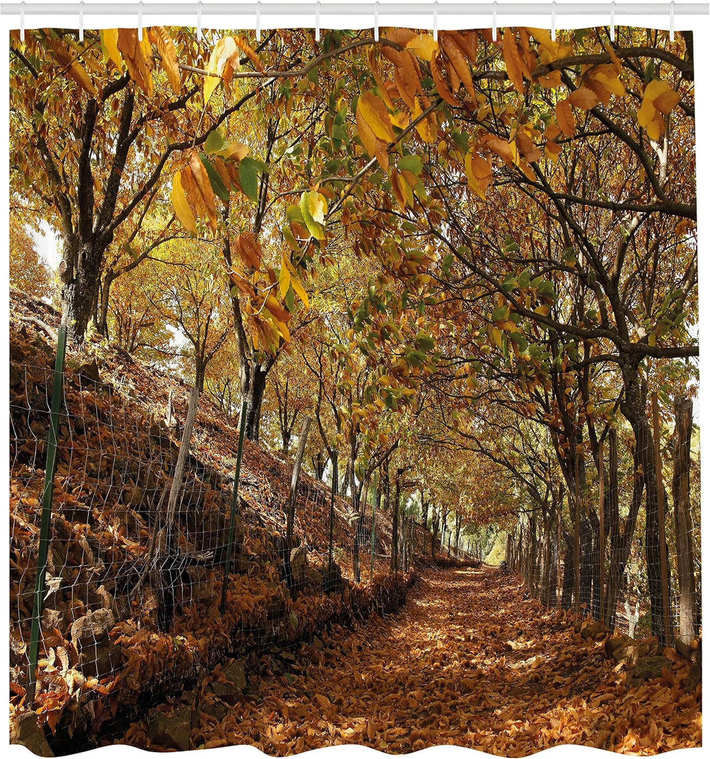 Ambesonne Nature Shower Curtain, Autumn Foliage Forest with Deciduous Trees Faded Fall Leaves Surreal Image, Cloth Fabric Bathroom Decor Set with Hooks, 69" W x 75" L, Brown Amber Marigold