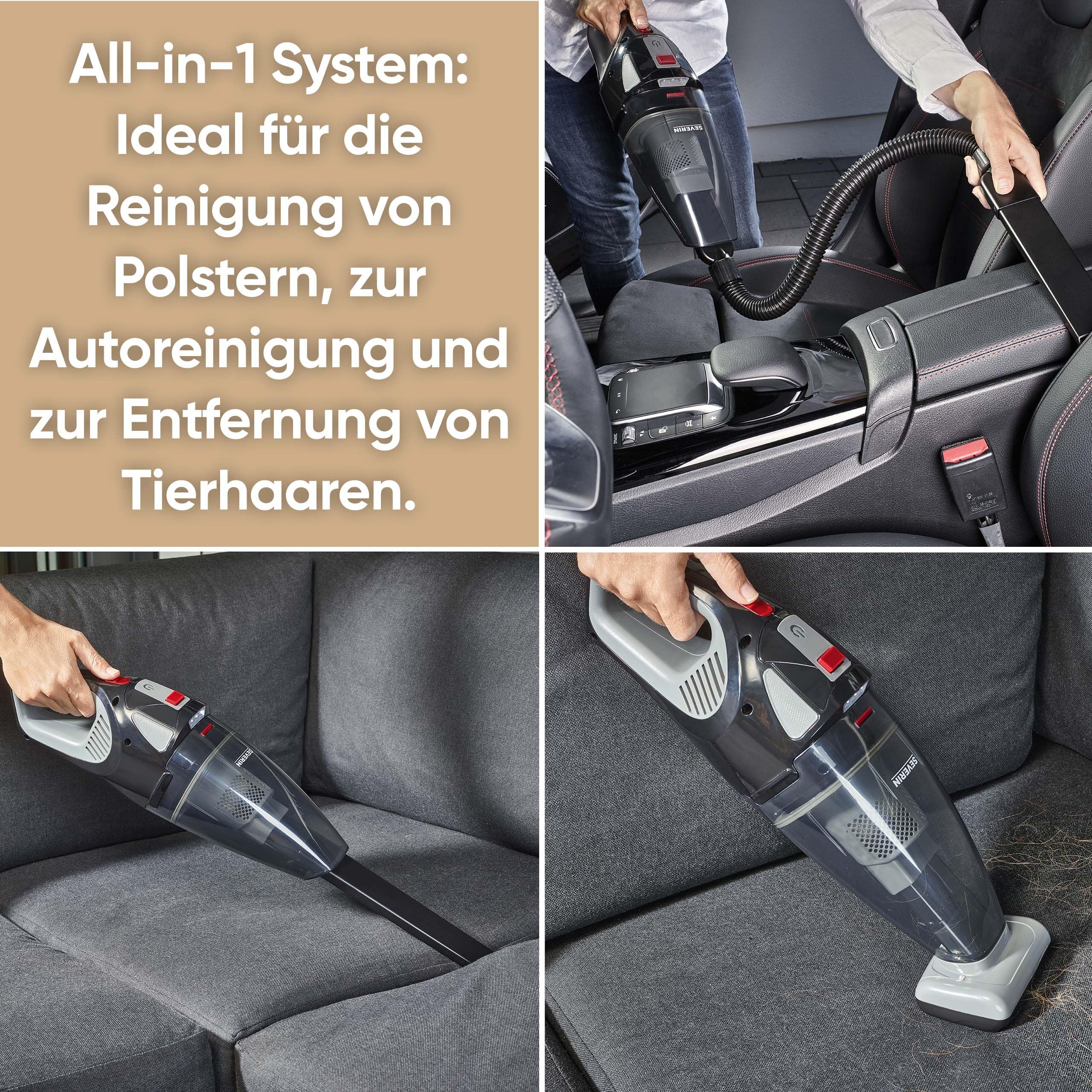 SEVERIN Akku Handstaubsauger kabellos, 18,5 V, 50 Min Laufzeit, Nass- und Trockensauger mit LED-Akku, rotierender Turbobürste und Tragetasche, für Auto, Camping und Tierhaare, HV 7147