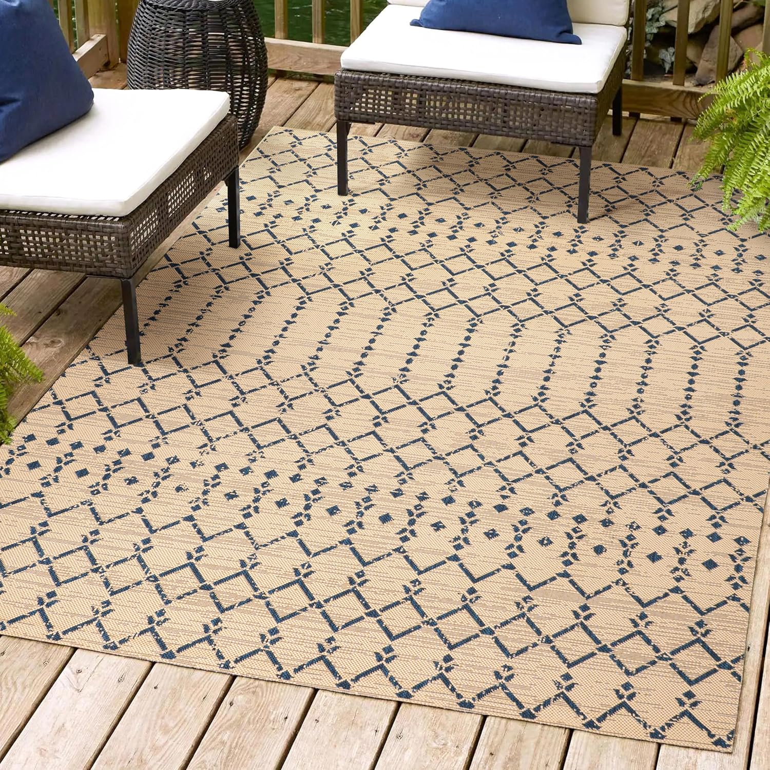 JONATHAN Y SMB108H-8 Ourika Moroccan Geometric Textured Weave Indoor Outdoor Area-Rug, Coastal, Traditional, Transitional Easy-Cleaning,Bedroom,Kitchen,Backyard,Patio,Non Shedding, Beige/Navy, 8 X 10 Beige/Navy 8 X 10