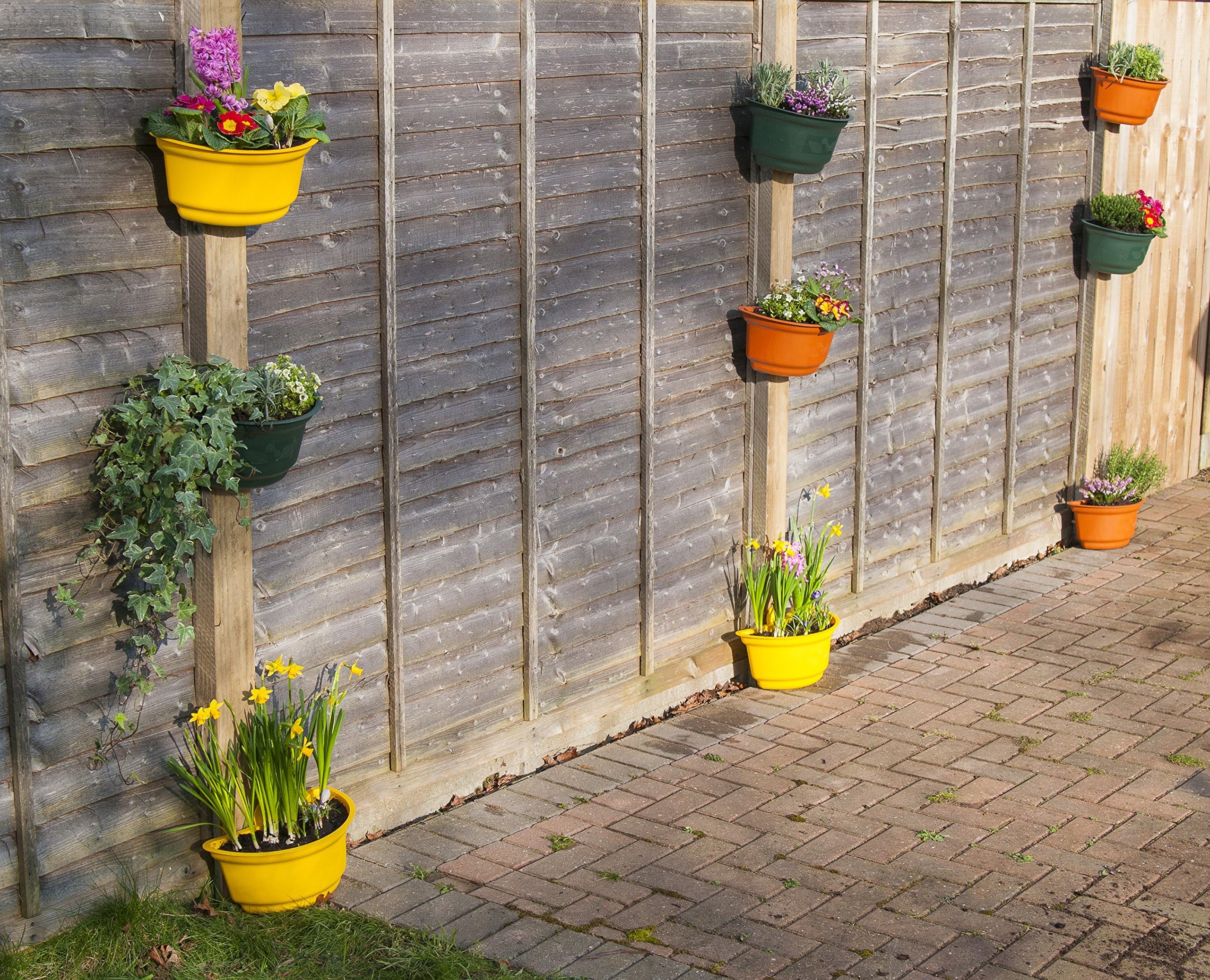 4x Premium Curved Garden Planters for Fences – Colourful & Attractive Green, Yellow, Black and Terracotta Decorative Medium-Size 4-Litre Plant Pot Planters with Fixings for Walls, Wooden Fences, Posts