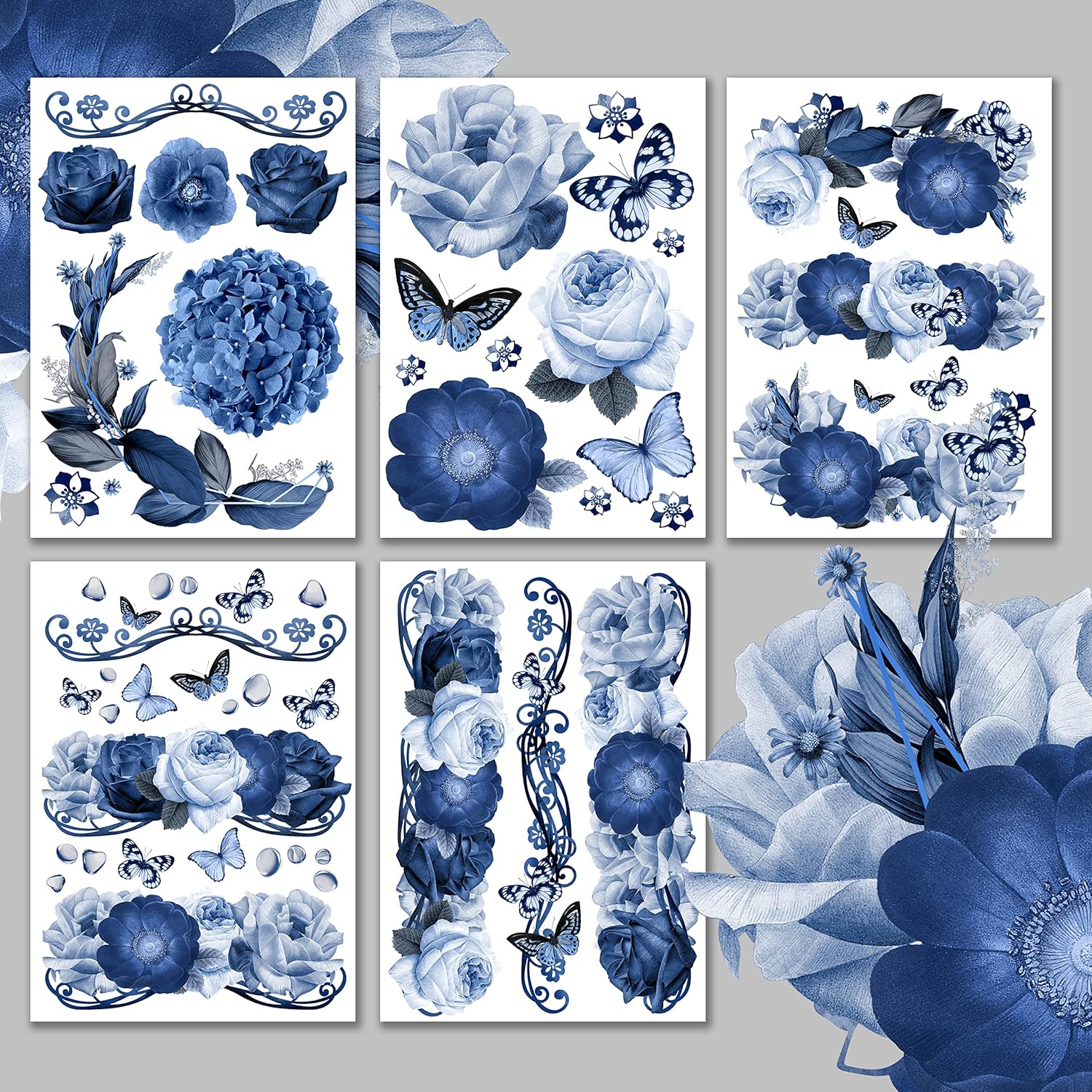 Decoupage Paper Pack (15 Sheets 8"x11") Blue Roses Dreams HANATABA Vintage Art Deco