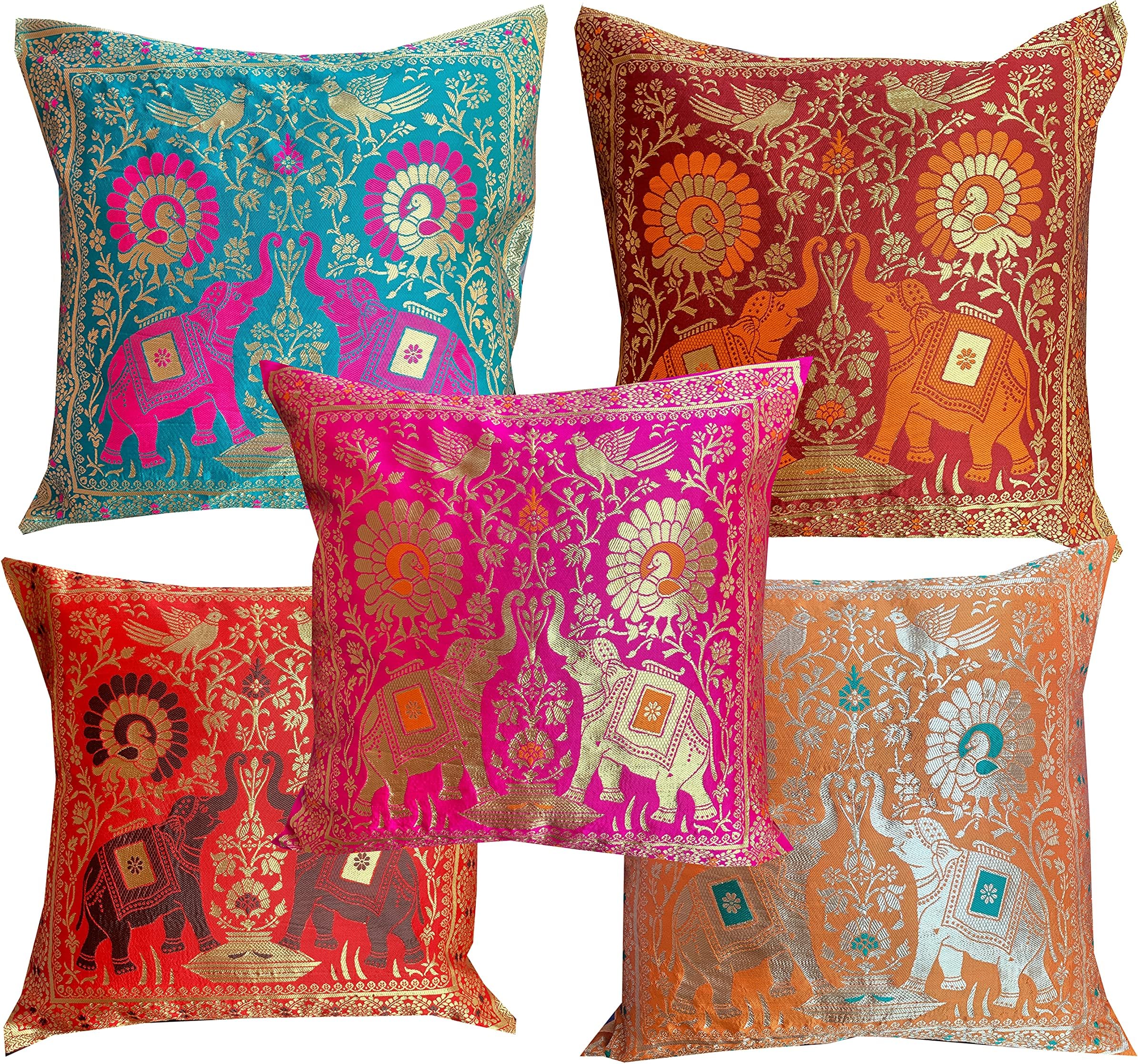 PINK PARROT Dopian Silk Multicolour Throw Pillow Covers/Cushion Covers (16X16 In), Set of 5-00Ab2