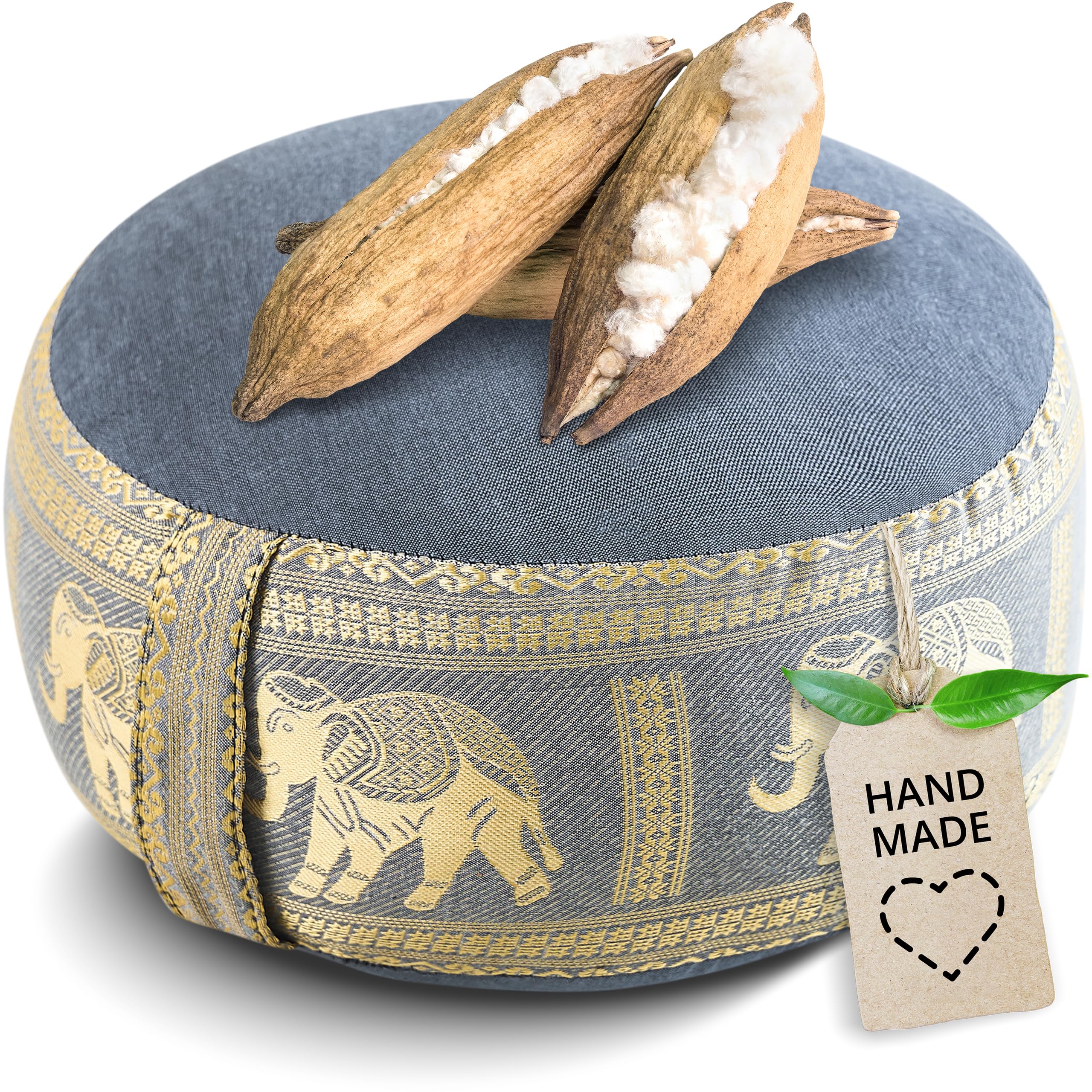 Livasia Grey/Elephants, Silk Meditation Cushion With Thai Silk - Ø 13X8″ - Yoga Cushion Small Kapok, Pouffe, Floor Cushion Yoga Zen Meditation, Seat Cushion Garden Balcony, Zafu Hand Made ()