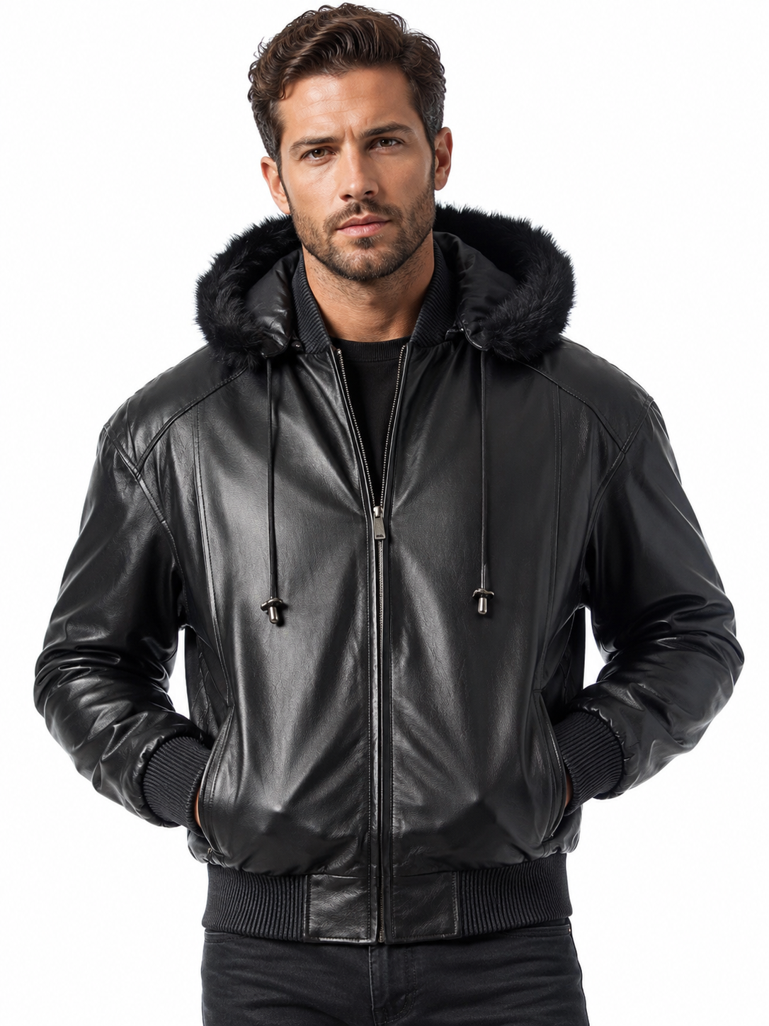 REED® Men's Faux Fur Leather Bomber Jacket, Black, L | Detachable