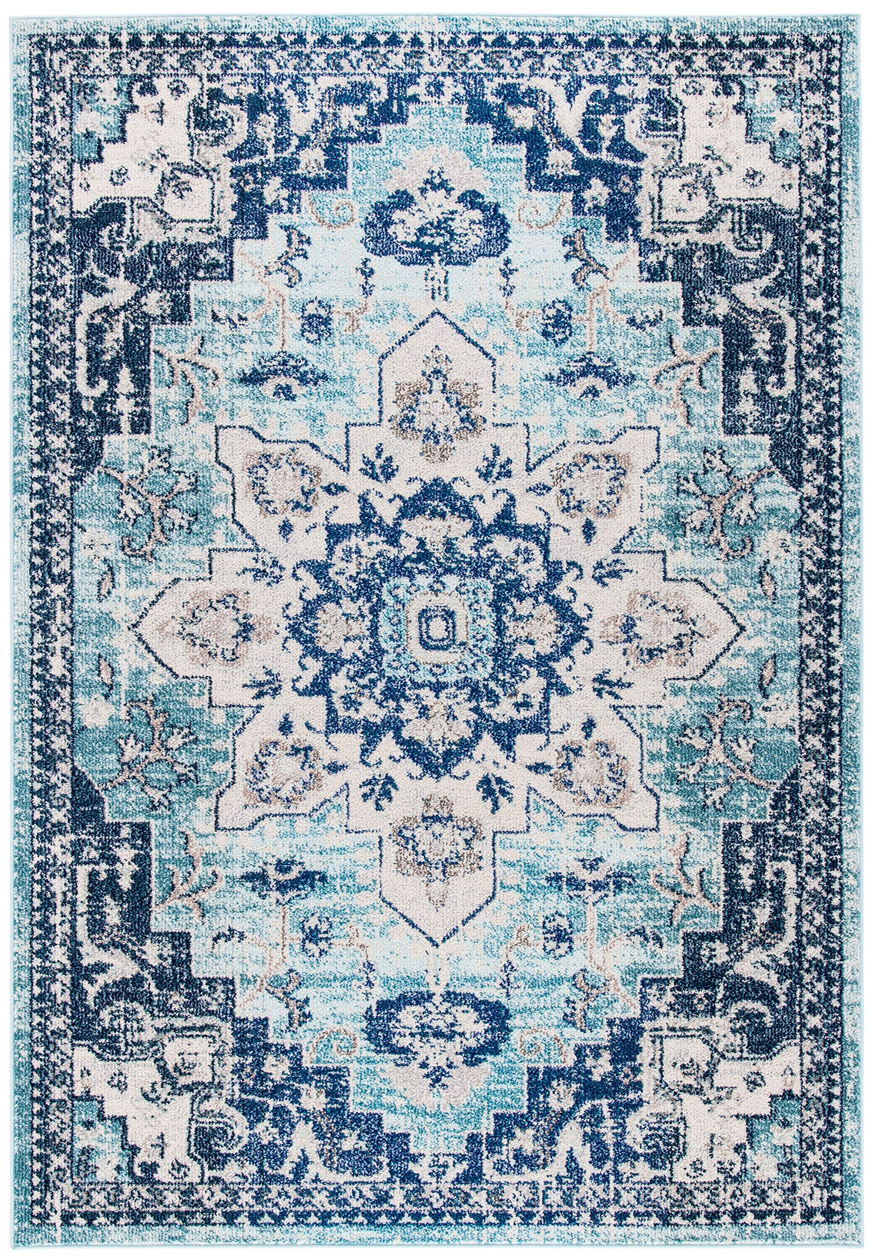 SAFAVIEH Madison Collection Area Rug - 2'2" x 4', Teal & Navy, Boho Chic Distressed Medallion Design, Non-Shedding & Easy to Clean, Ideal for Living