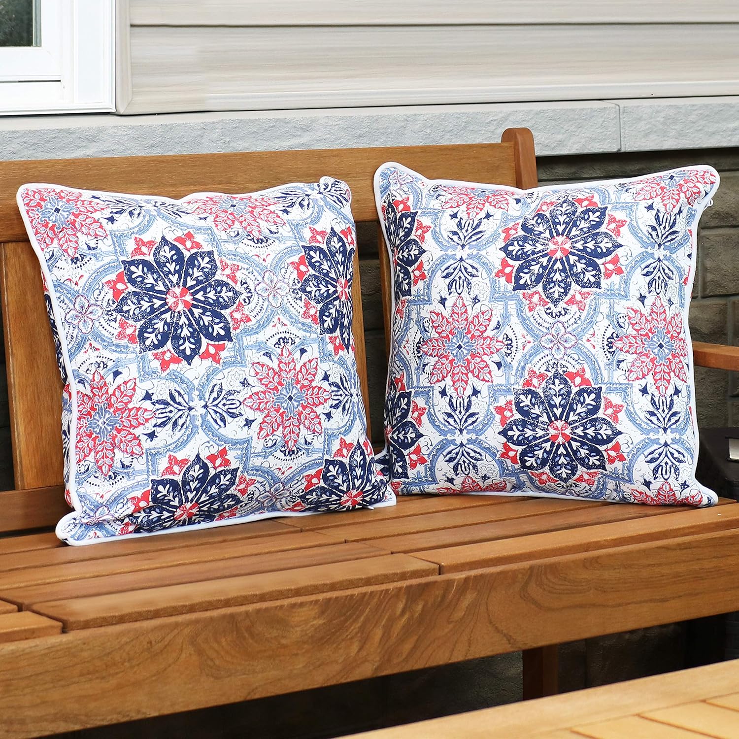 Sunnydaze Set of 2 Outdoor Decorative Throw Pillows - 16-Inch Square -for Indoor or Outdoor Seating - Red and Blue Floral
