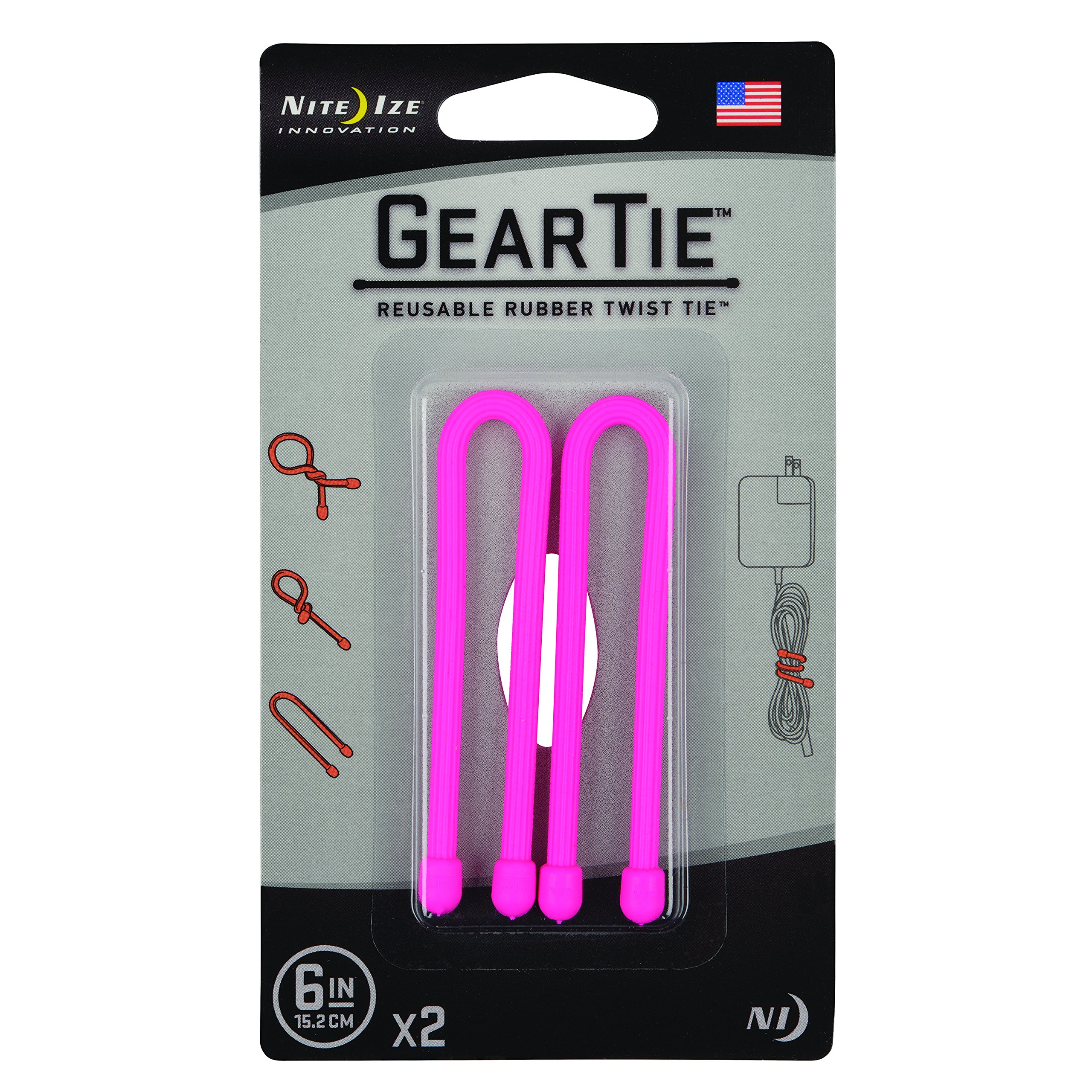 Nite Ize Original Gear Tie, Reusable Rubber Twist Made in the USA, 6-Inch, Neon Pink, 2 Pack
