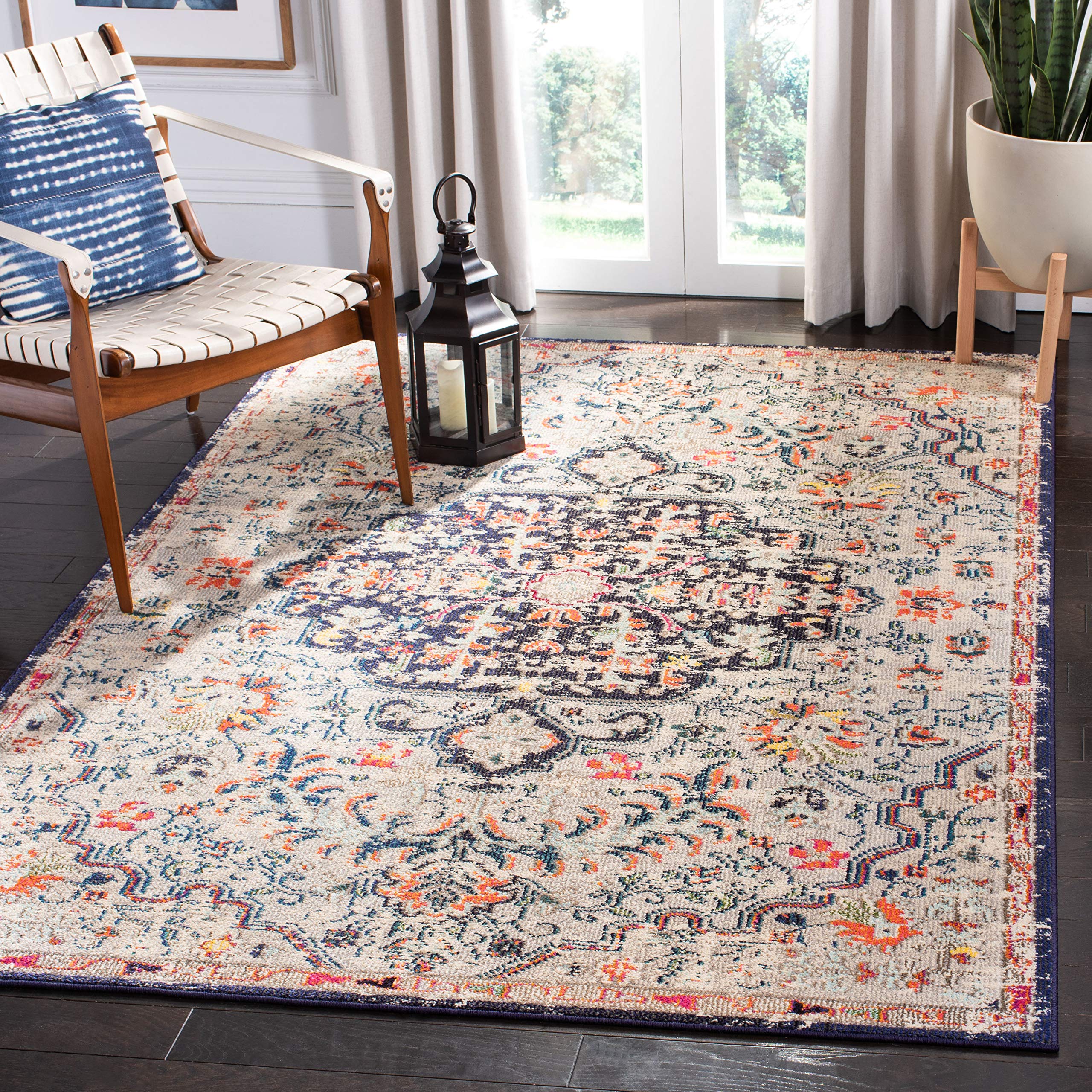 SAFAVIEH Madison Collection Area Rug - 5'3" x 7'6", Beige & Black, Boho Chic Medallion Distressed Design, Non-Shedding & Easy Care, Ideal for High Traffic Areas in Living Room, Bedroom (MAD447B)