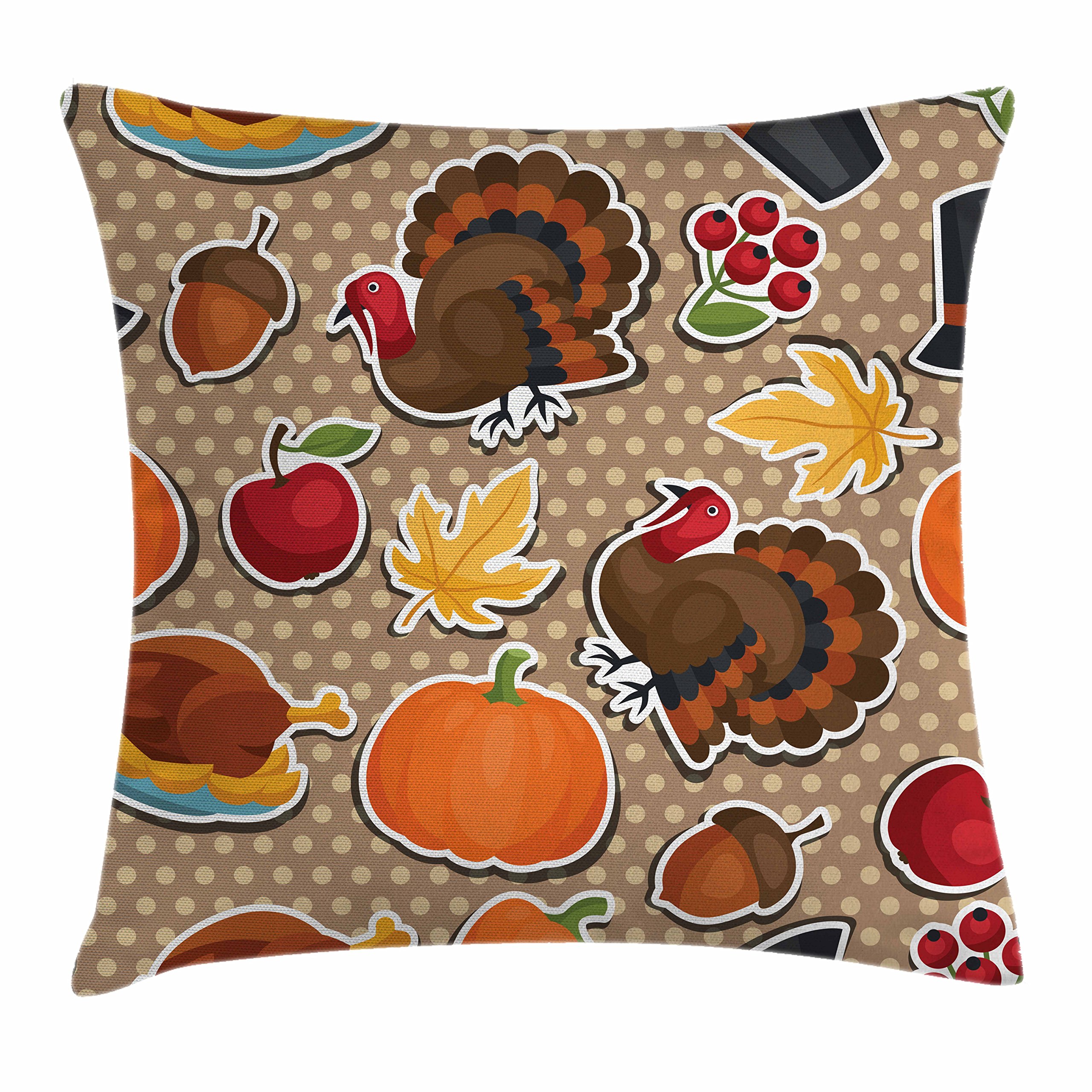 Lunarable Thanksgiving Throw Pillow Cushion Cover, Happy Thanksgiving Day Pattern with Cartoon Holiday on Retro Polka Dots, Decorative Square Accent Pillow Case, 40