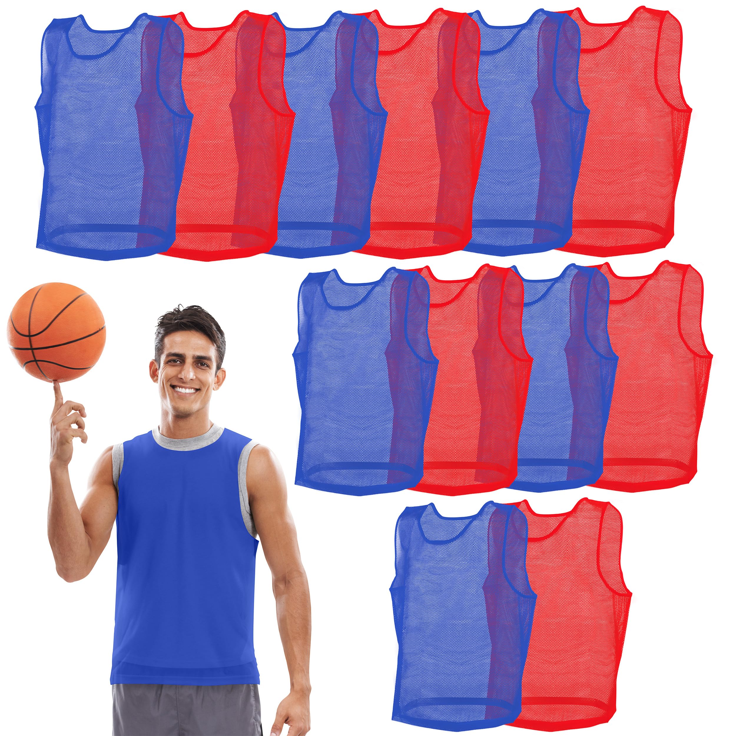 Get Out! Scrimmage Gilet Pinnies 12Pk in rosso e blu - Taglie giovani, ragazzi e adulti - Maglia in rete di nylon per qualsiasi sport
