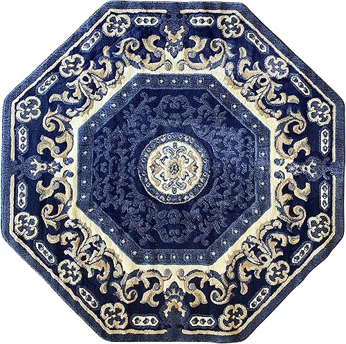 Alfombra tradicional octágona, diseño azul marino, azul oscuro, beige, 101 (5 pies 3 pulgadas x 5 pies 3 pulgadas) Beige,Azul,Marrón,Borgoña,Azul