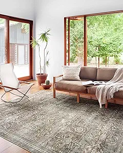 Loloi Layla Collection LAY-13 Antique/Moss 9'-6" x 14' .13" Thick Area Rug, Soft, Durable, Vintage Inspired, Distressed, Low Pile, Non-Shedding, Easy Clean, Printed, Living Room Rug