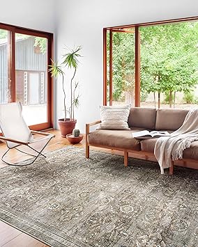 Loloi Layla Collection LAY-13 Antique/Moss 9'-6" x 14' .13" Thick Area Rug, Soft, Durable, Vintage Inspired, Distressed, Low Pile, Non-Shedding, Easy Clean, Printed, Living Room Rug